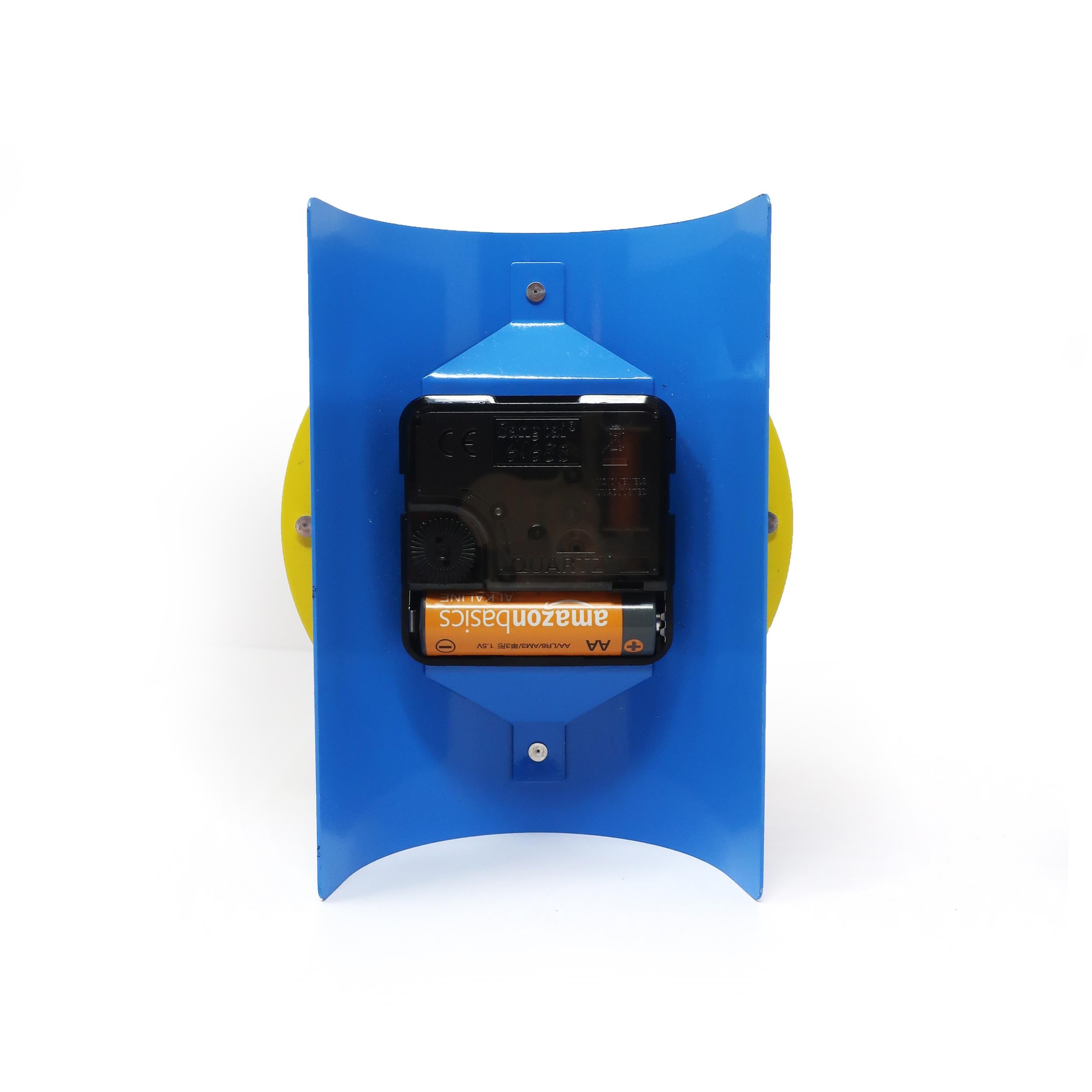 1980s Blue, Yellow and Black Metal Desk Clock by Time Square In Good Condition In Brooklyn, NY