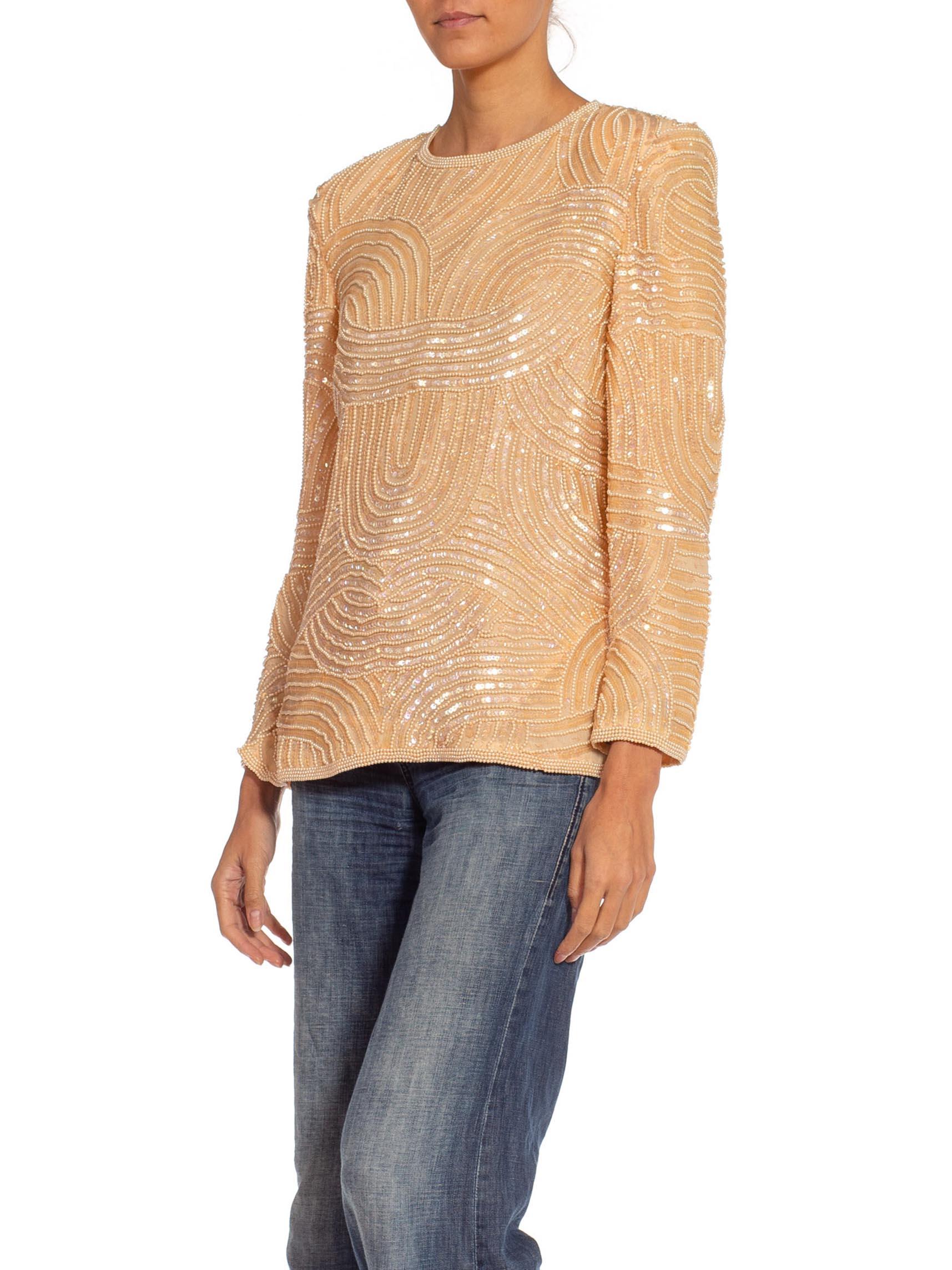 1980S Blush Pink Hand Beaded Silk Top In Excellent Condition For Sale In New York, NY