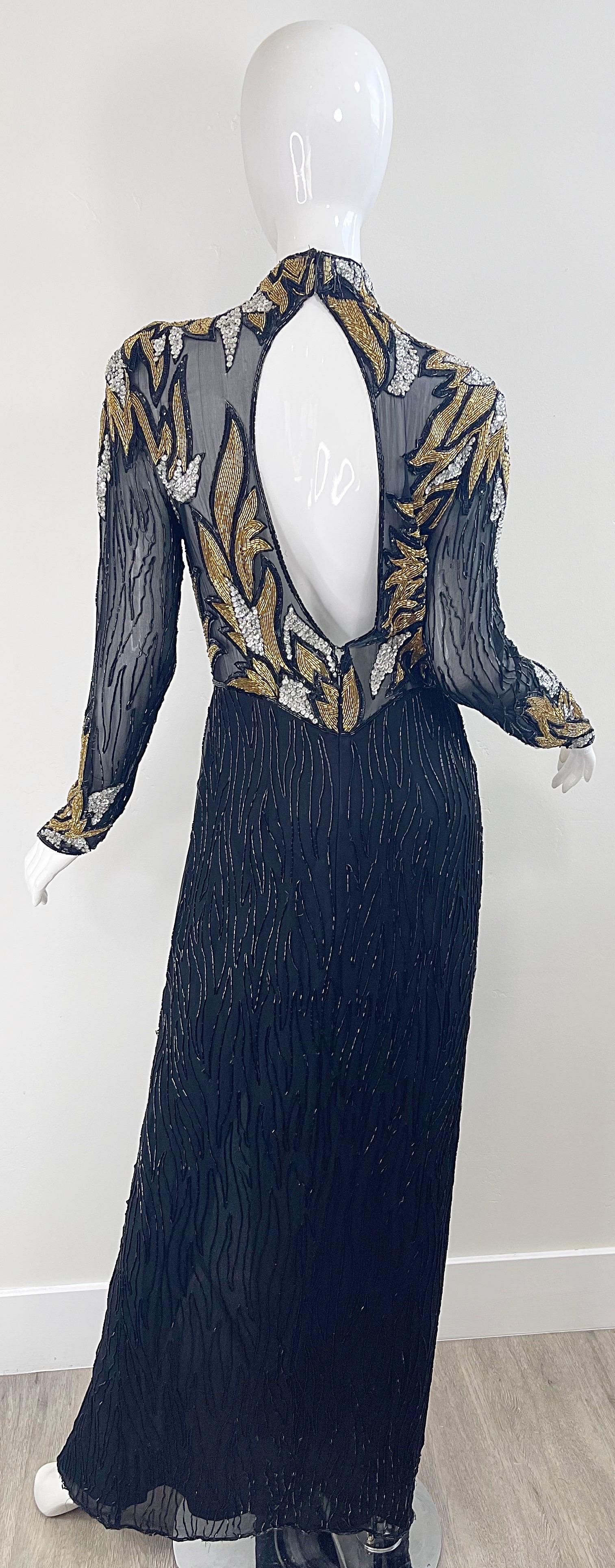1980 Bob Mackie Sexy Silk Chiffon Beaded Sequin Sheer Vintage 80s Gown Dress  en vente 6