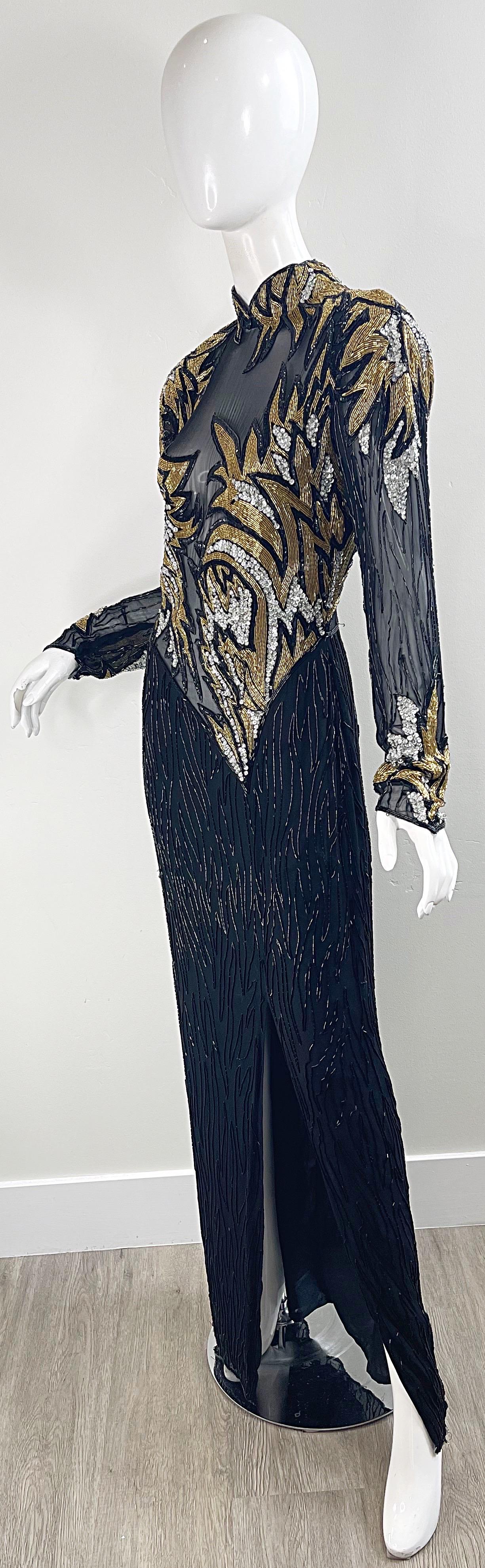 1980 Bob Mackie Sexy Silk Chiffon Beaded Sequin Sheer Vintage 80s Gown Dress  en vente 7