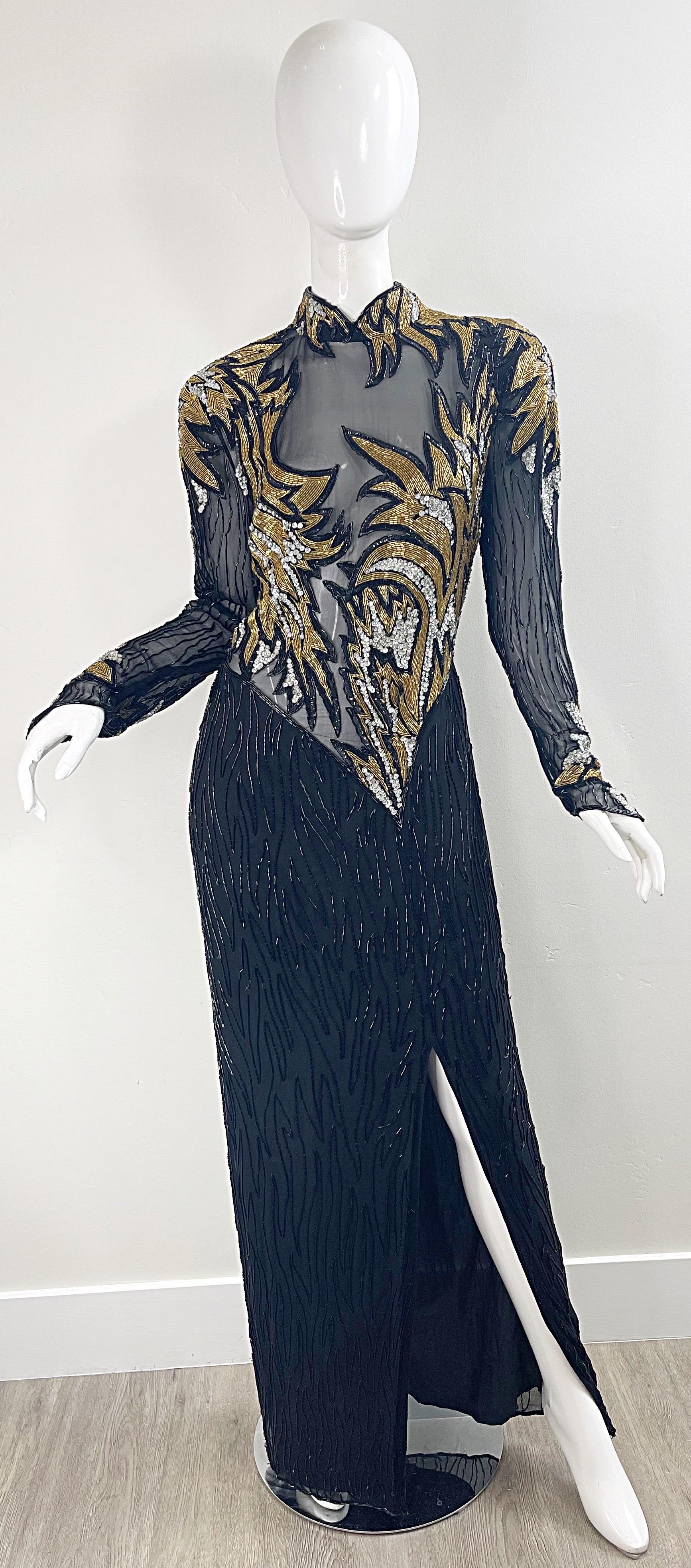 1980 Bob Mackie Sexy Silk Chiffon Beaded Sequin Sheer Vintage 80s Gown Dress  en vente 9