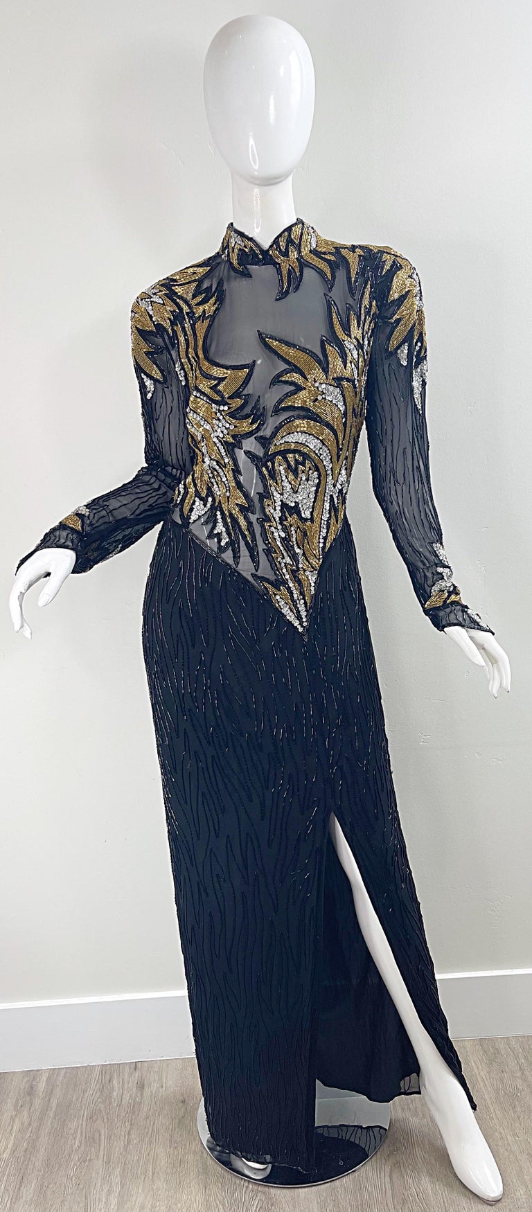 1980s Bob Mackie Sexy vestido de gasa de seda con cuentas de