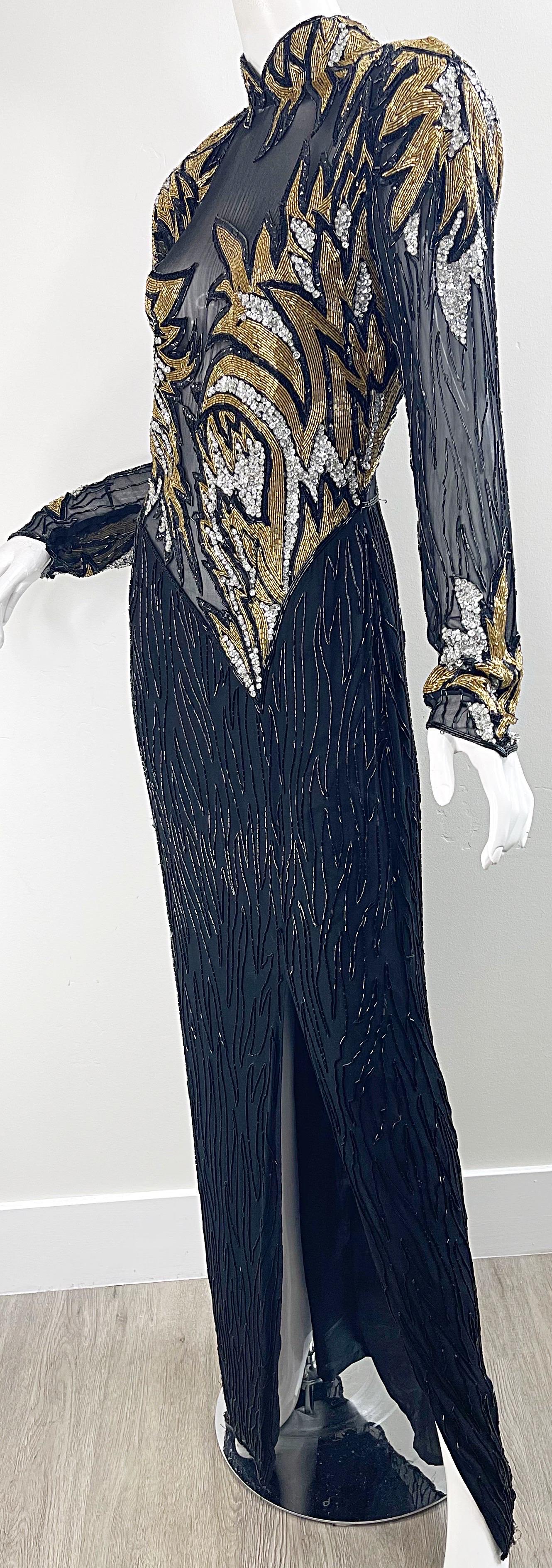 1980 Bob Mackie Sexy Silk Chiffon Beaded Sequin Sheer Vintage 80s Gown Dress  en vente 1