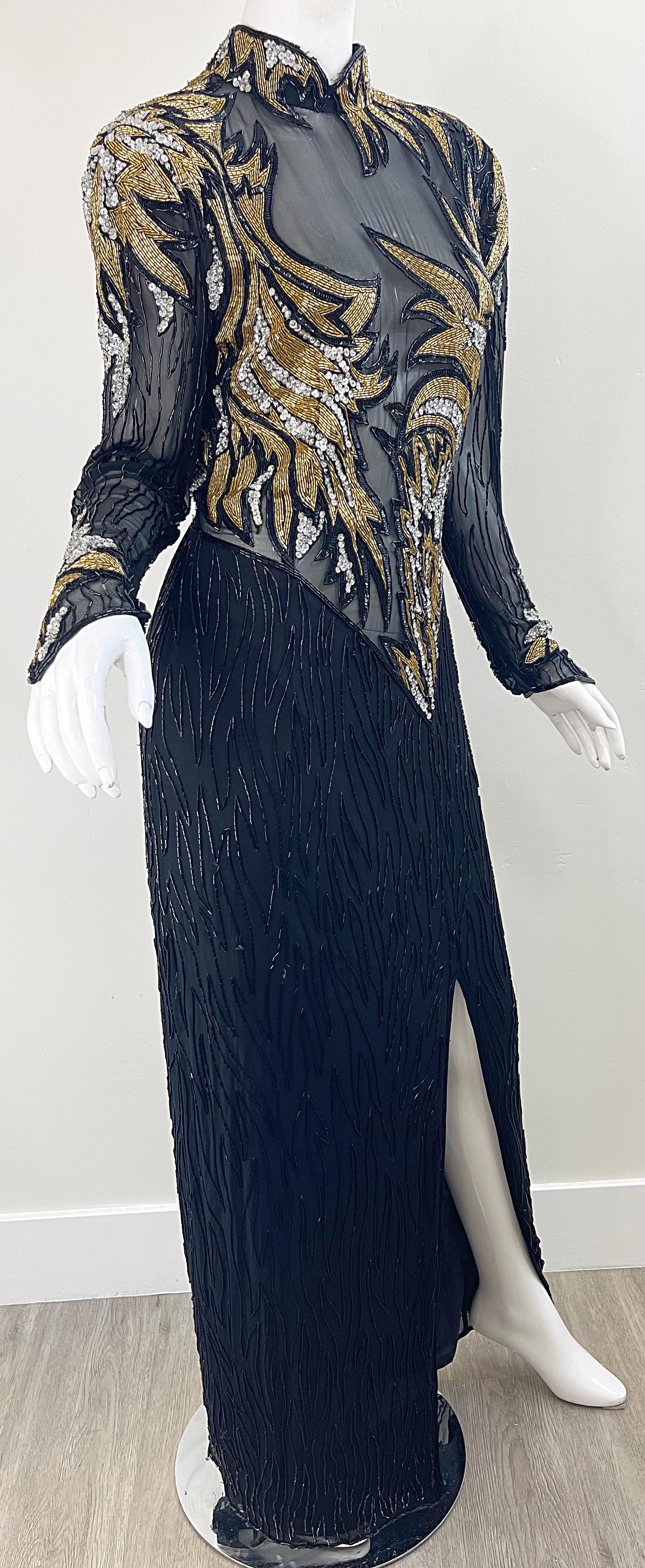 1980 Bob Mackie Sexy Silk Chiffon Beaded Sequin Sheer Vintage 80s Gown Dress  en vente 2