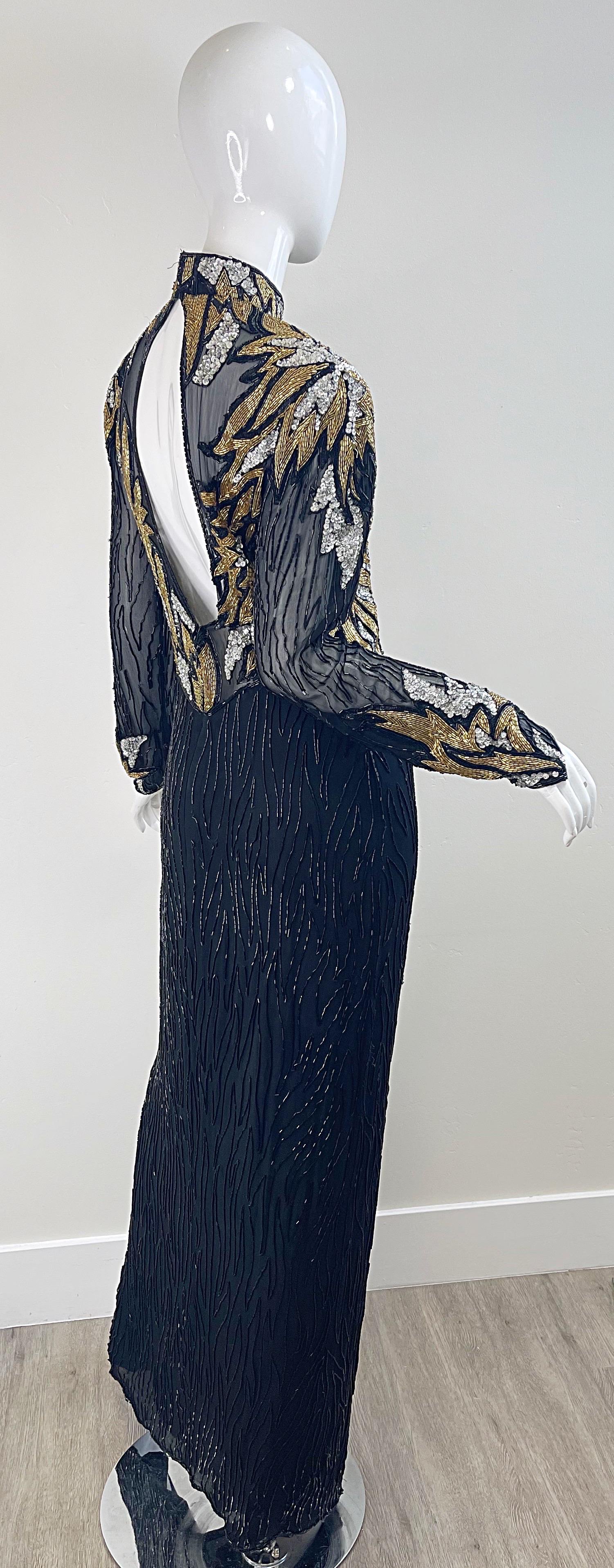 1980 Bob Mackie Sexy Silk Chiffon Beaded Sequin Sheer Vintage 80s Gown Dress  en vente 3