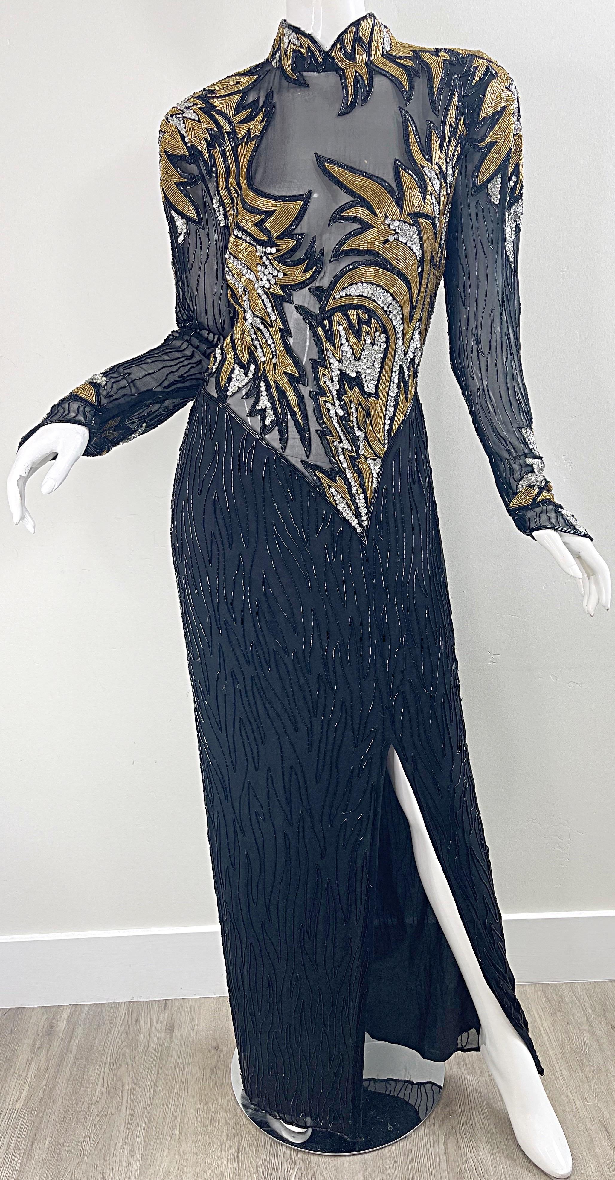 1980 Bob Mackie Sexy Silk Chiffon Beaded Sequin Sheer Vintage 80s Gown Dress  en vente 4