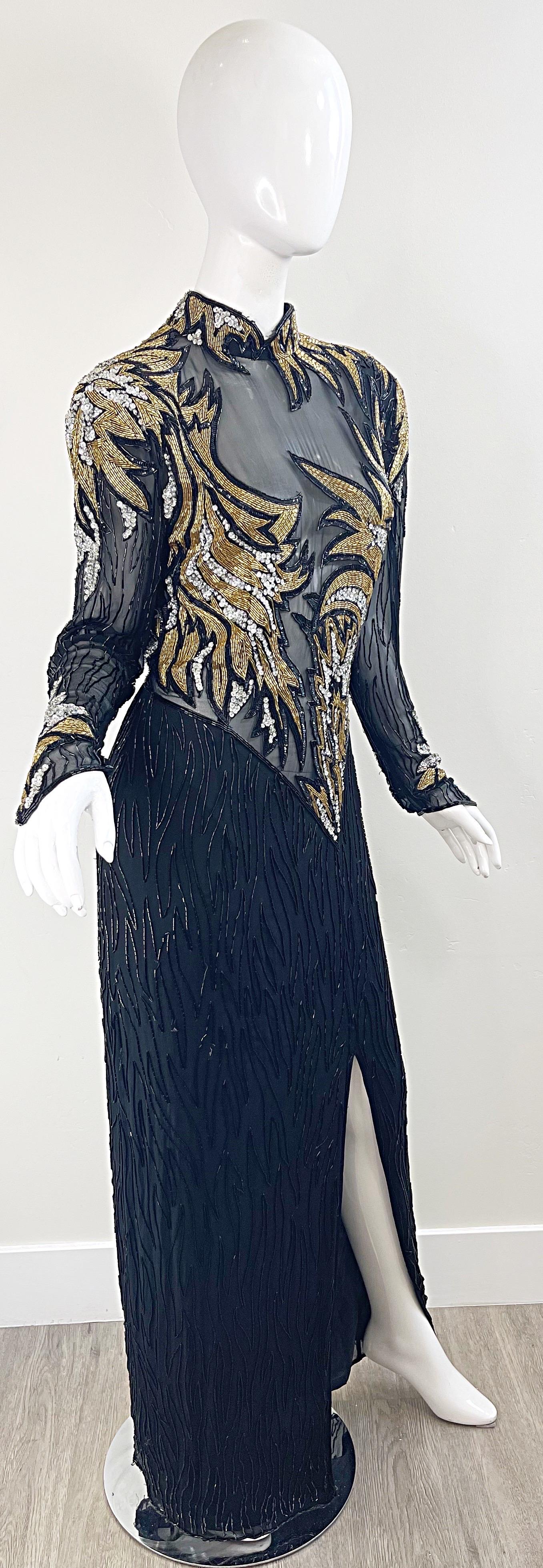 1980 Bob Mackie Sexy Silk Chiffon Beaded Sequin Sheer Vintage 80s Gown Dress  en vente 5