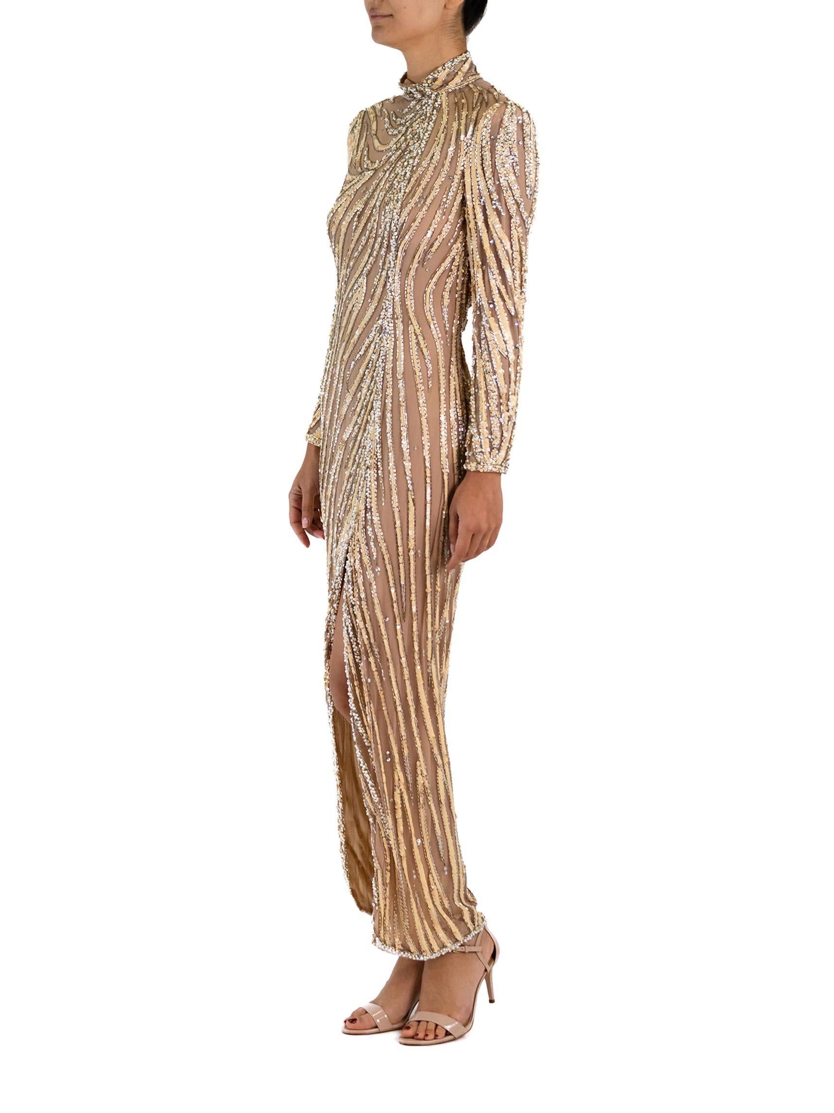 1980S BOB MACKIE Beige & White Silk Chiffon Handbeaded Floor Length Gown In Excellent Condition In New York, NY