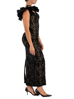 1980S BOB MACKIE Black & Cream Lace Gown With Fab Bow Sleeves