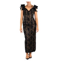 Vintage 1980S BOB MACKIE Black & Cream Lace Gown With Fab Bow Sleeves