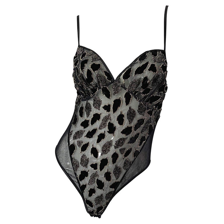 1980s Bob Mackie Black / Gold Leaf Burn Out Cut Velvet Vintage 80s Bodysuit  For Sale at 1stDibs