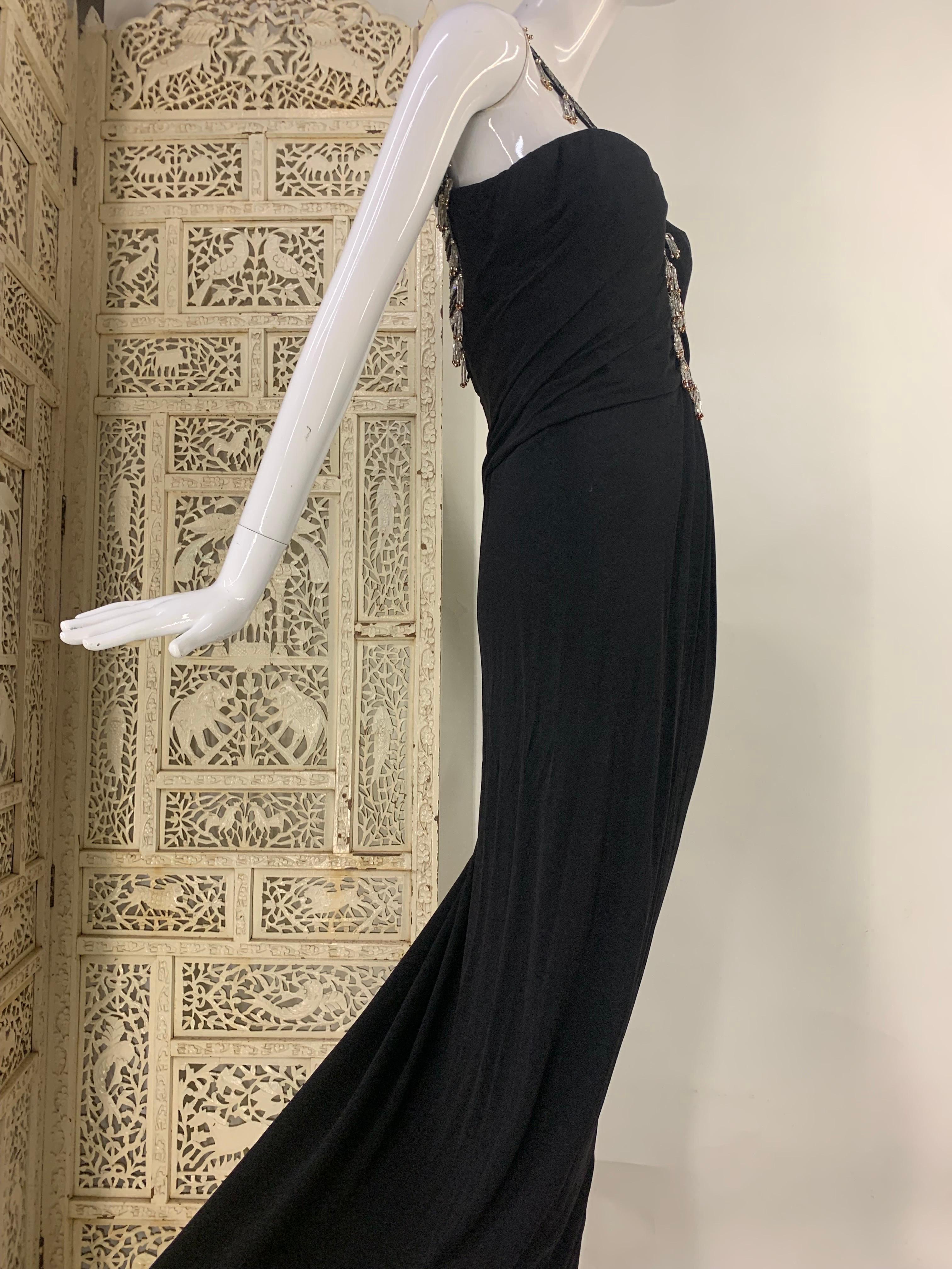 1980s Bob Mackie Black Jersey Gown w Structured Corset & Beaded Straps:  This jeweled tassel adorned plunging deep V neckline and low scooped back, make a daring evening gown in a vampy black matte jersey--ruched and draped on a structured corset