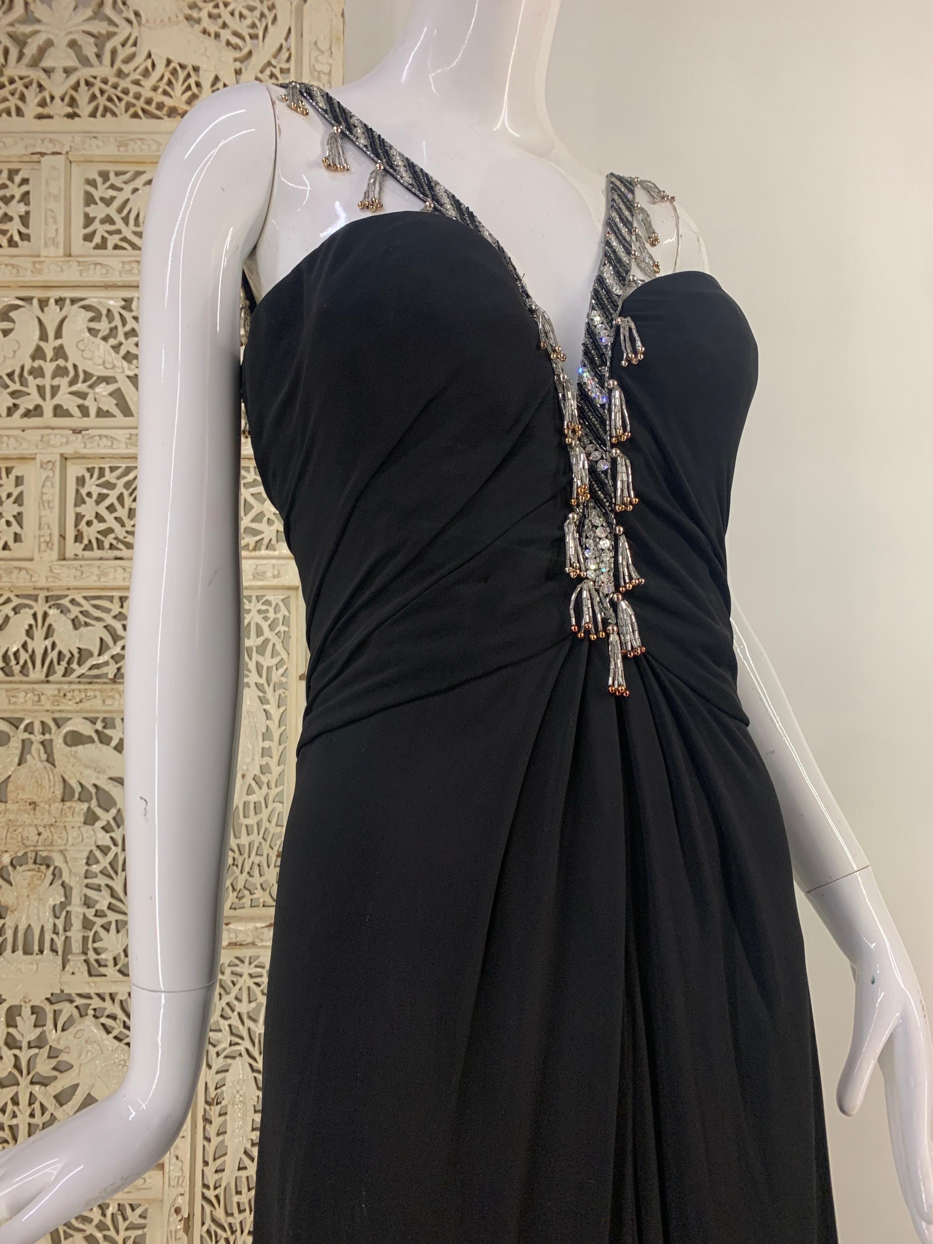 Women's 1980s Bob Mackie Black Jersey Gown w Structured Corset & Beaded Straps For Sale