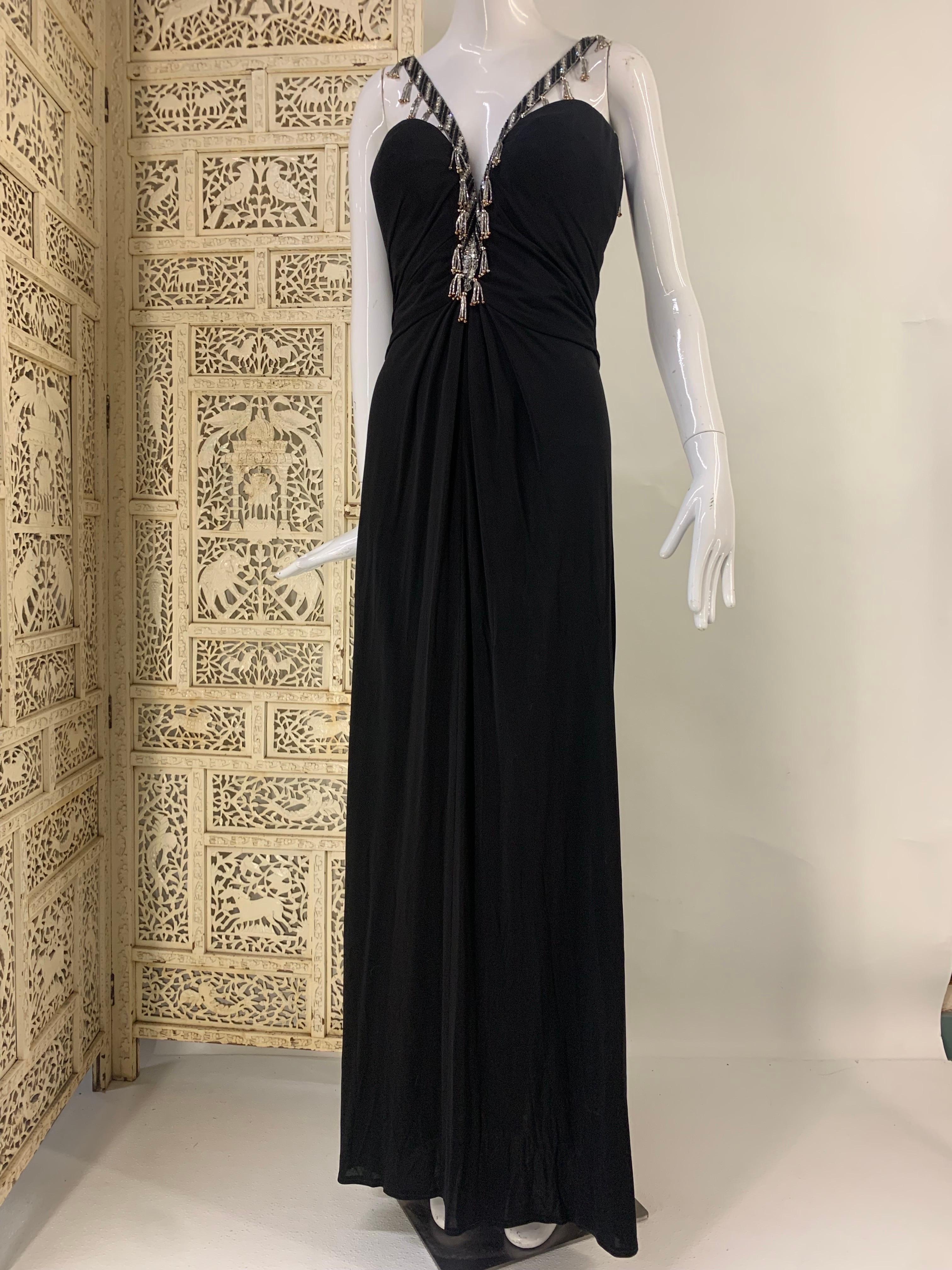 1980s Bob Mackie Black Jersey Gown w Structured Corset & Beaded Straps For Sale 1