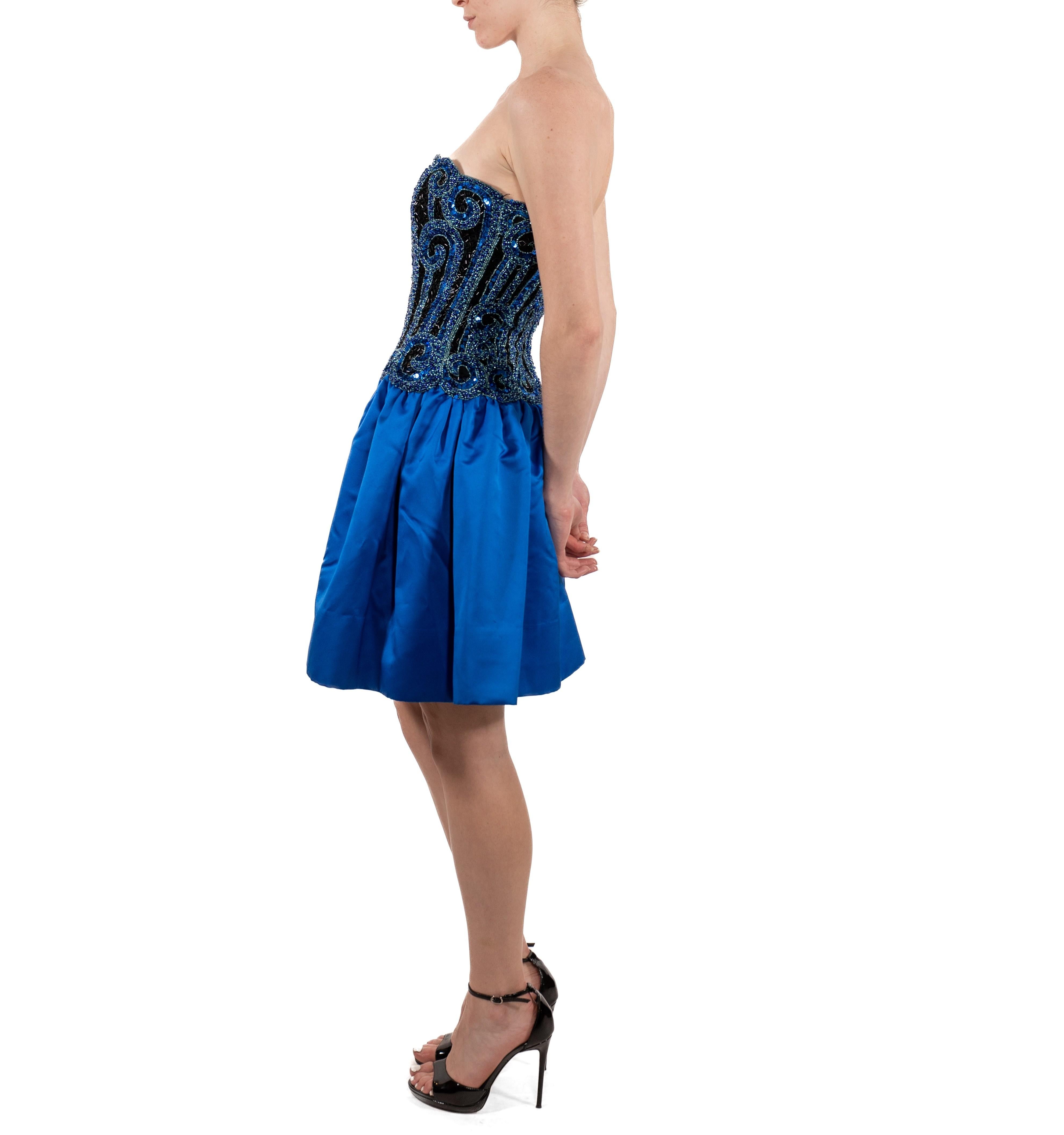 1980S Bob Mackie Electric Blue  Strapless Silk Duchess Satin Beaded Mini Cocktail Dress