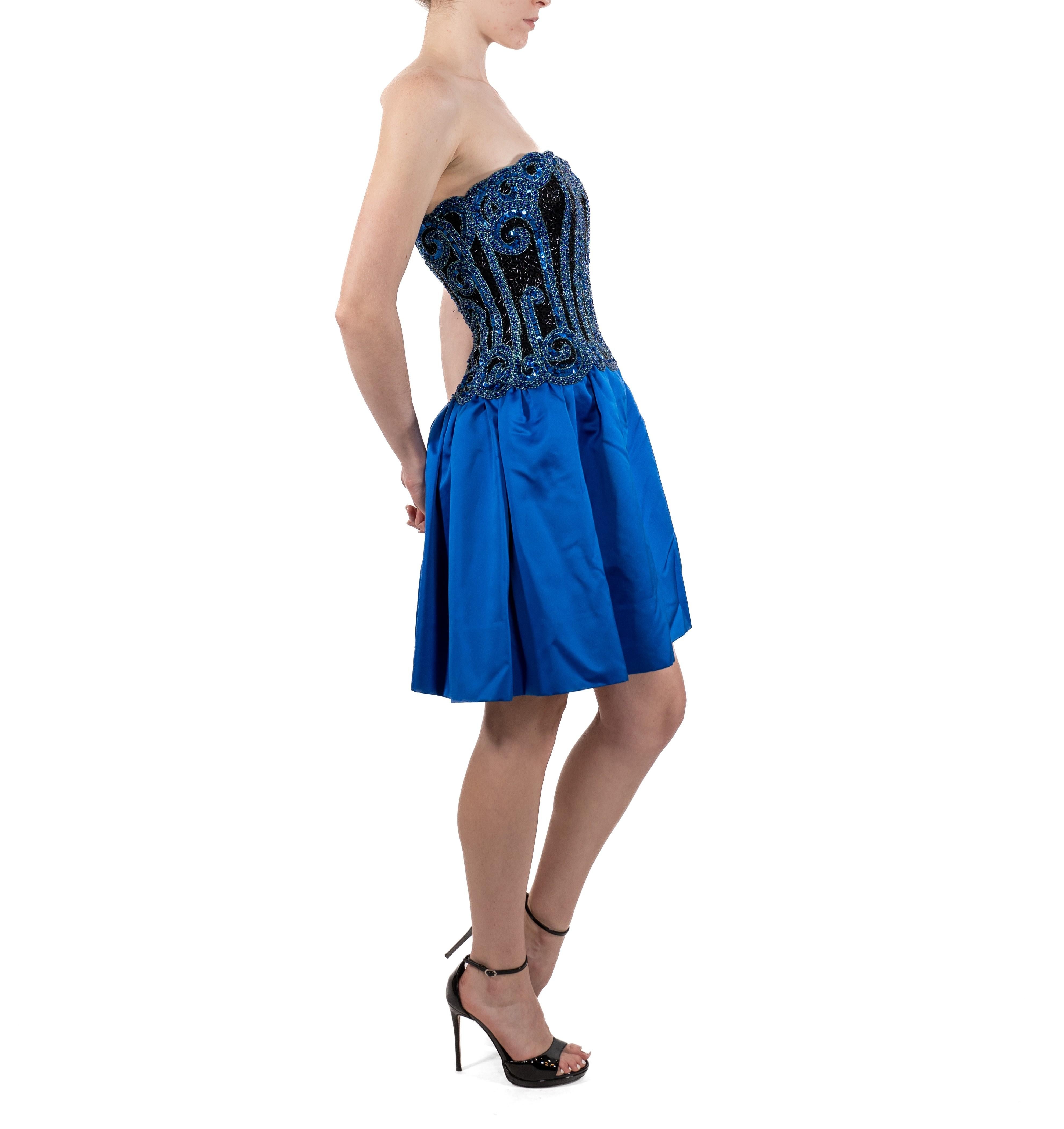 Women's 1980S Bob Mackie Electric Blue  Strapless Silk Duchess Satin Beaded Mini Cockta For Sale