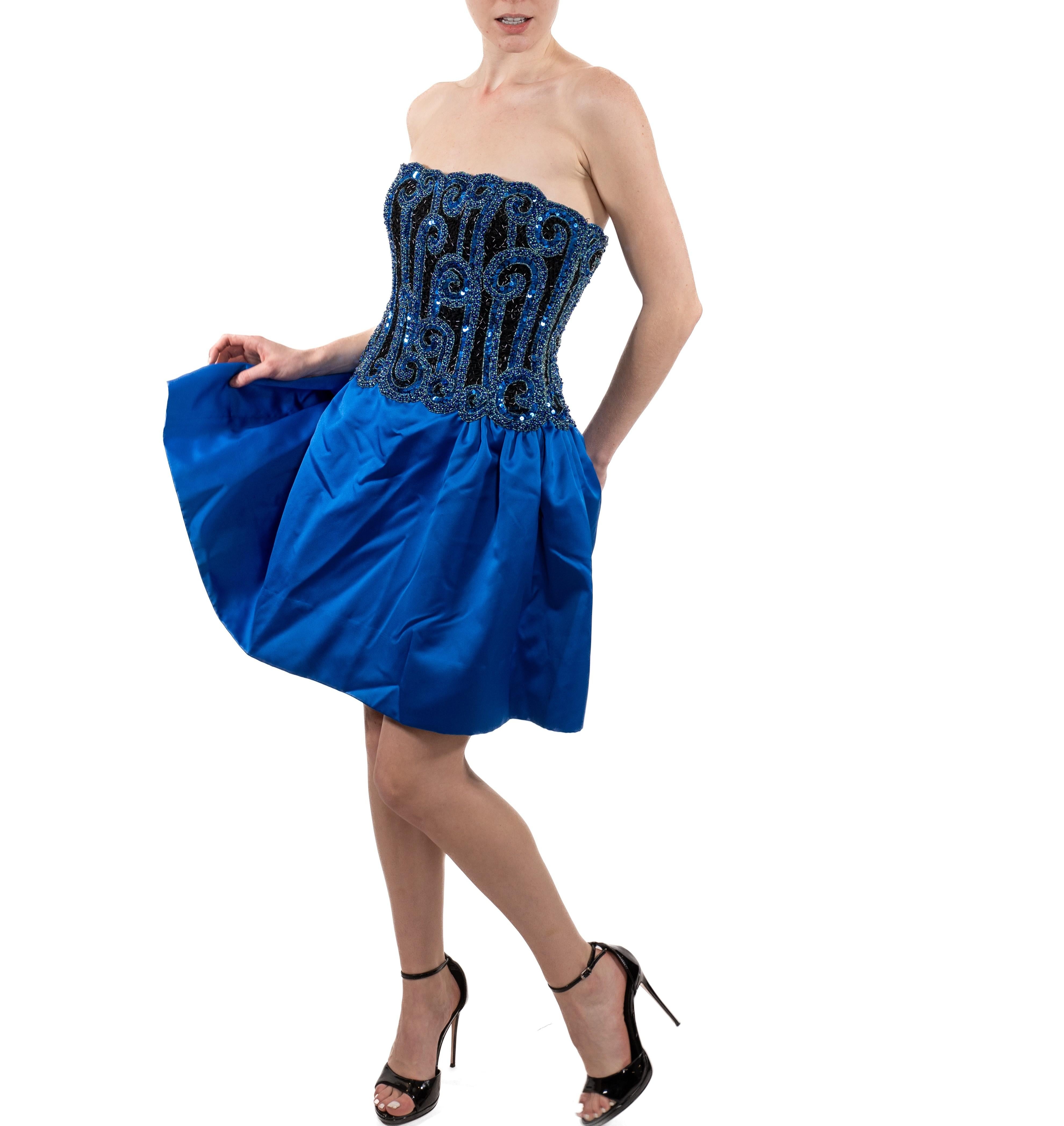 1980S Bob Mackie Electric Blue  Strapless Silk Duchess Satin Beaded Mini Cockta For Sale 1