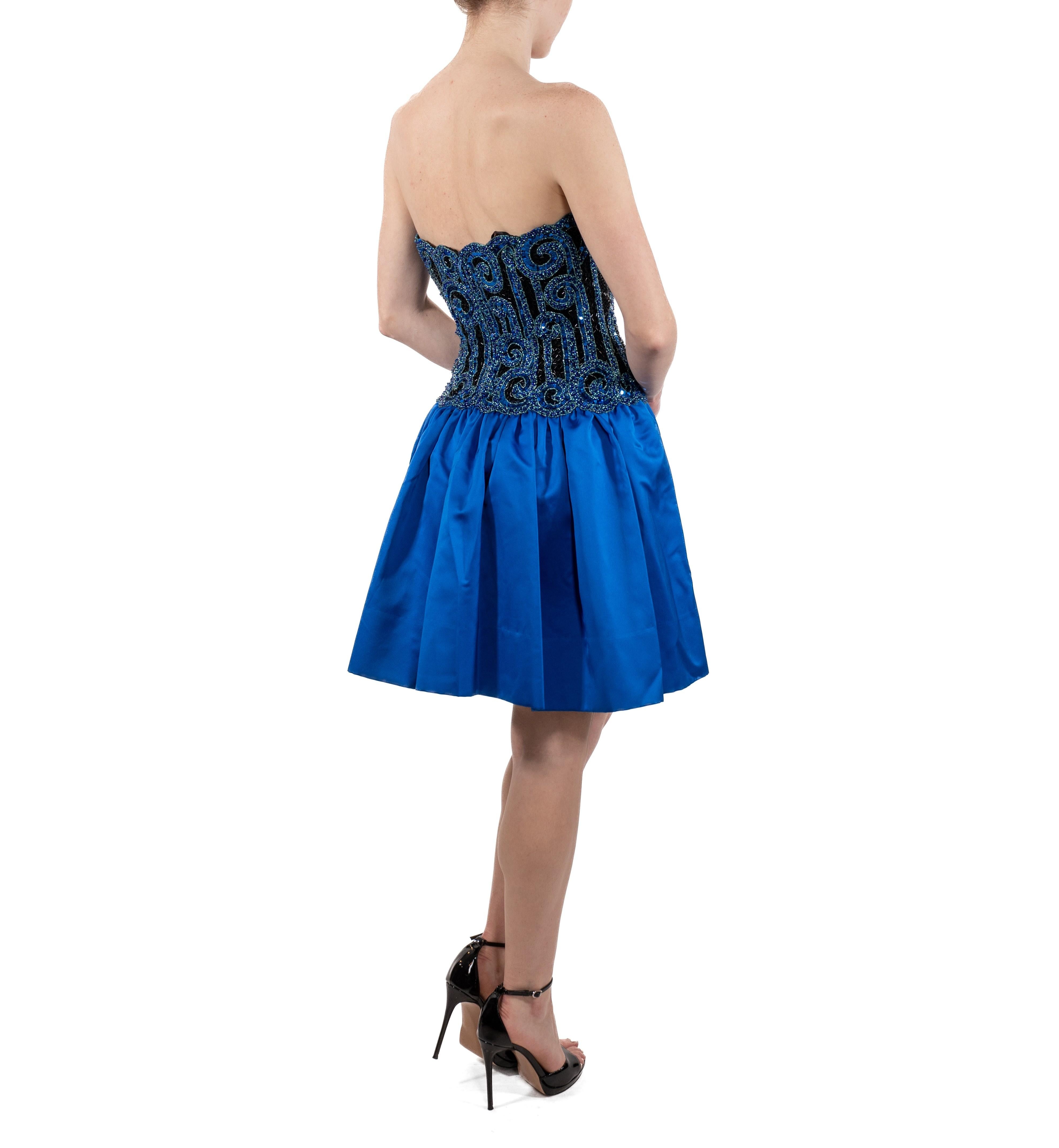 1980S Bob Mackie Electric Blue  Strapless Silk Duchess Satin Beaded Mini Cockta For Sale 2