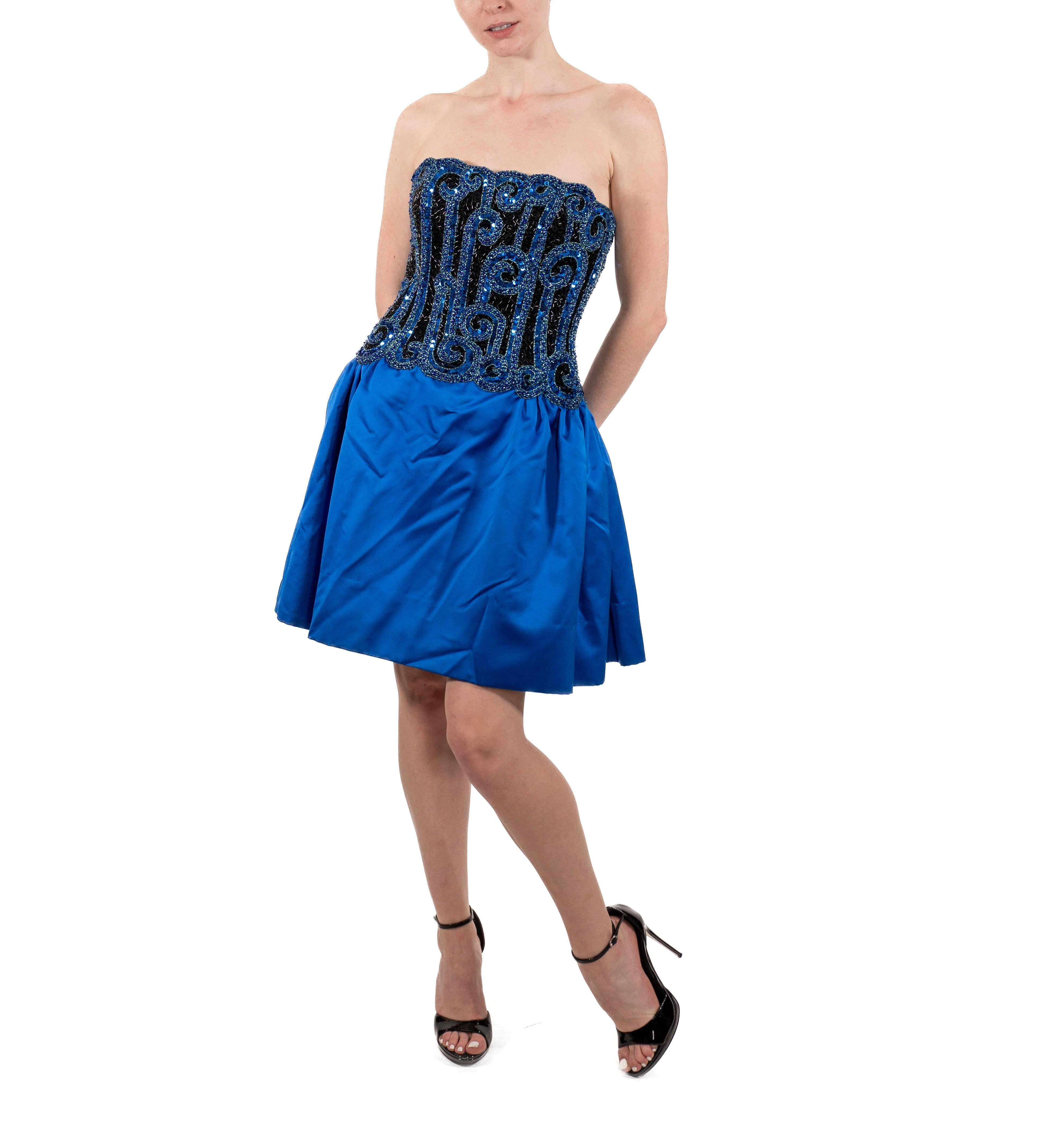 1980S Bob Mackie Electric Blue  Strapless Silk Duchess Satin Beaded Mini Cockta For Sale 4