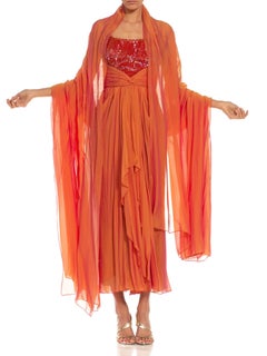 1980S BOB MACKIE Golden Orange Irridescent Silk Chiffon Beaded Gown With Matchi