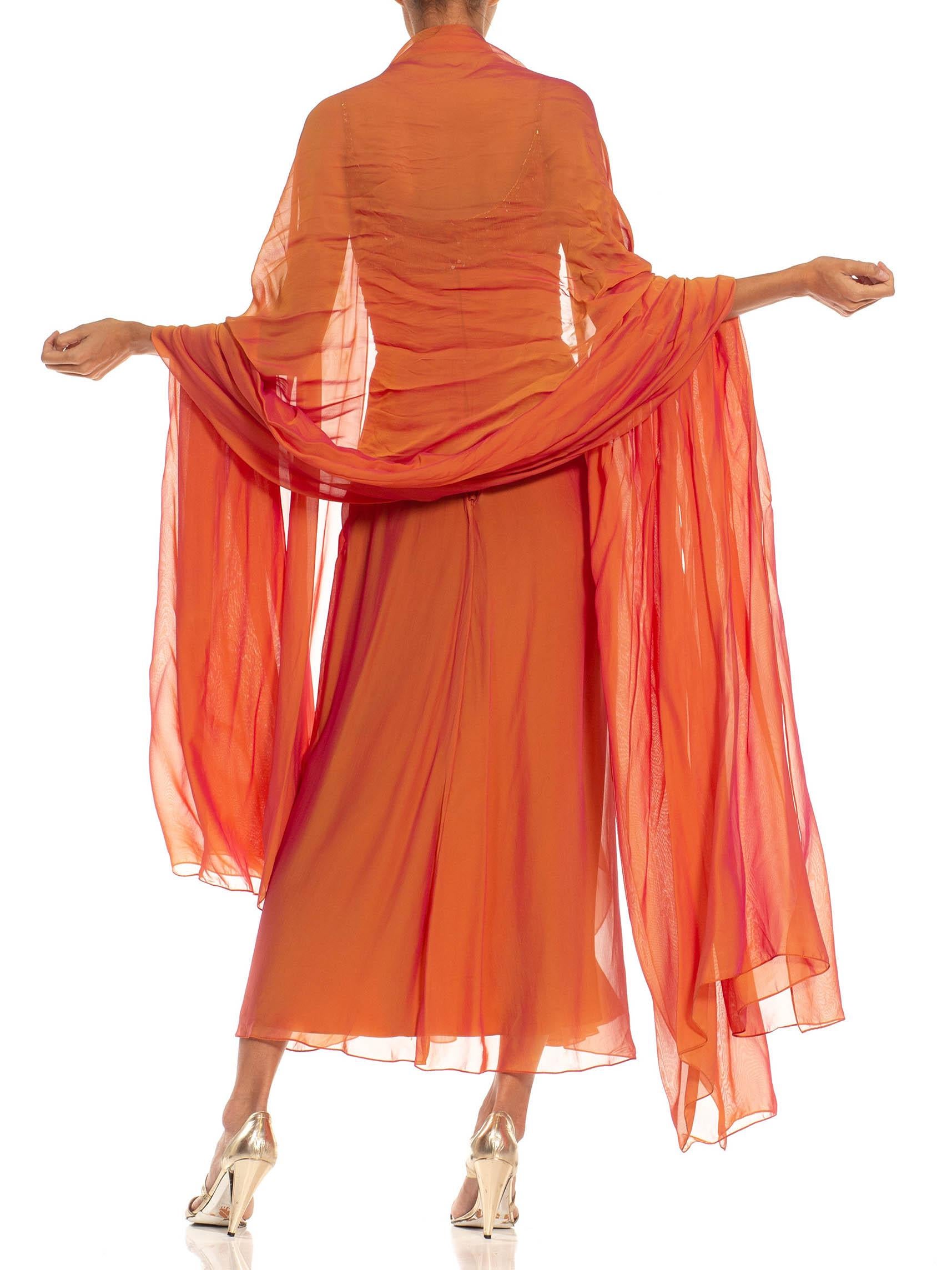 1980S BOB MACKIE Golden Orange Irridescent Silk Chiffon Beaded Gown With Matchin In Excellent Condition For Sale In New York, NY