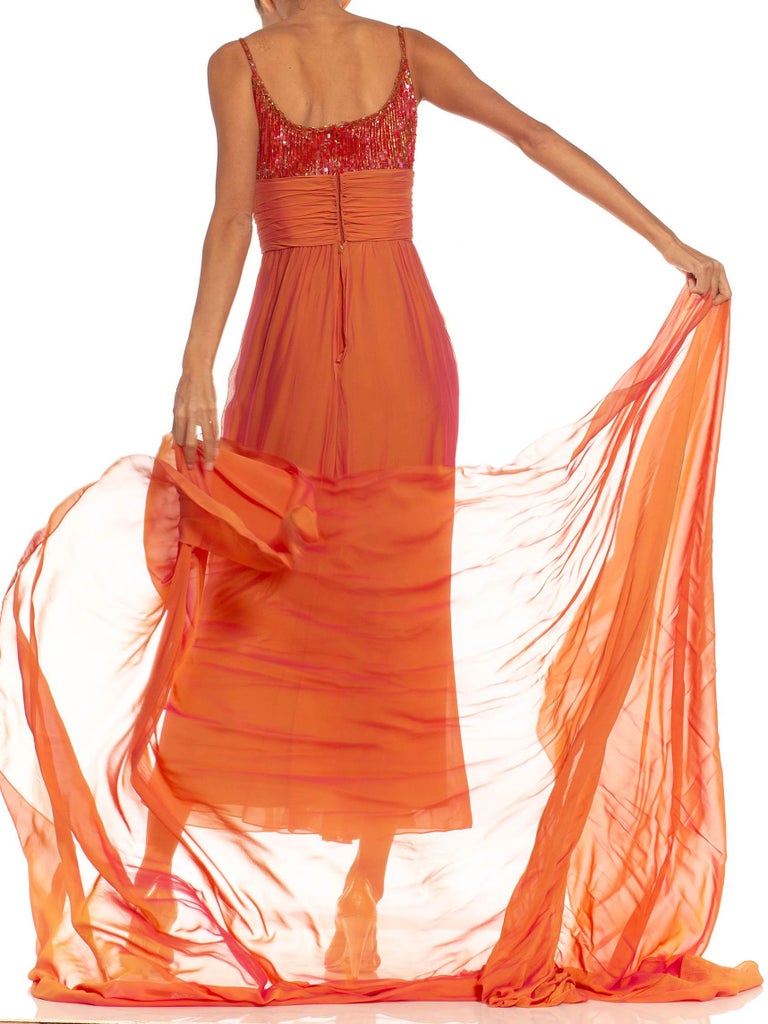 bob mackie orange dress 1980S BOB MACKIE Golden Orange Irridescent Silk Chiffon Beaded Gown With Matching Shawl