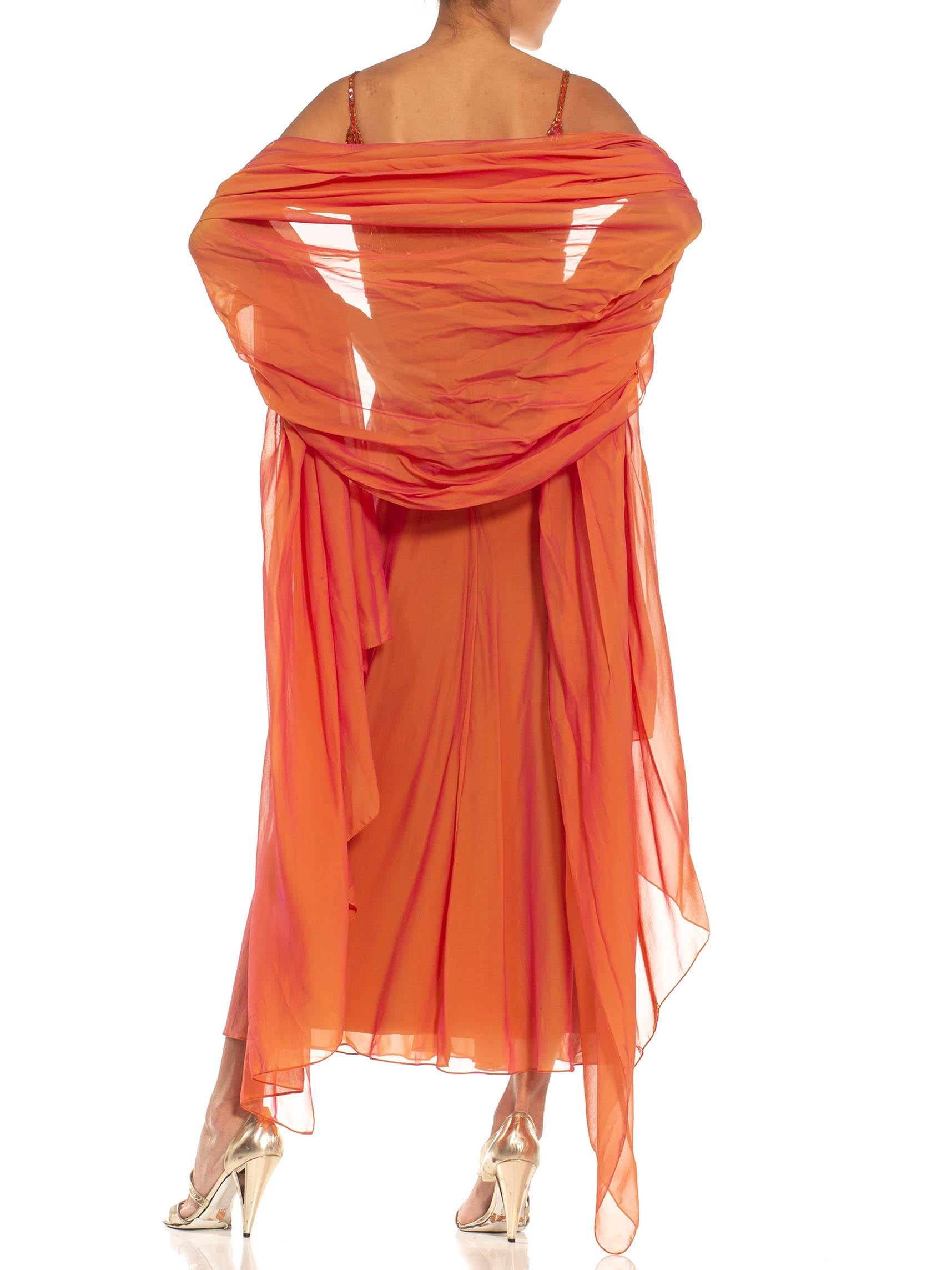 1980S BOB MACKIE Golden Orange Irridescent Silk Chiffon Beaded Gown With Matchin For Sale 1