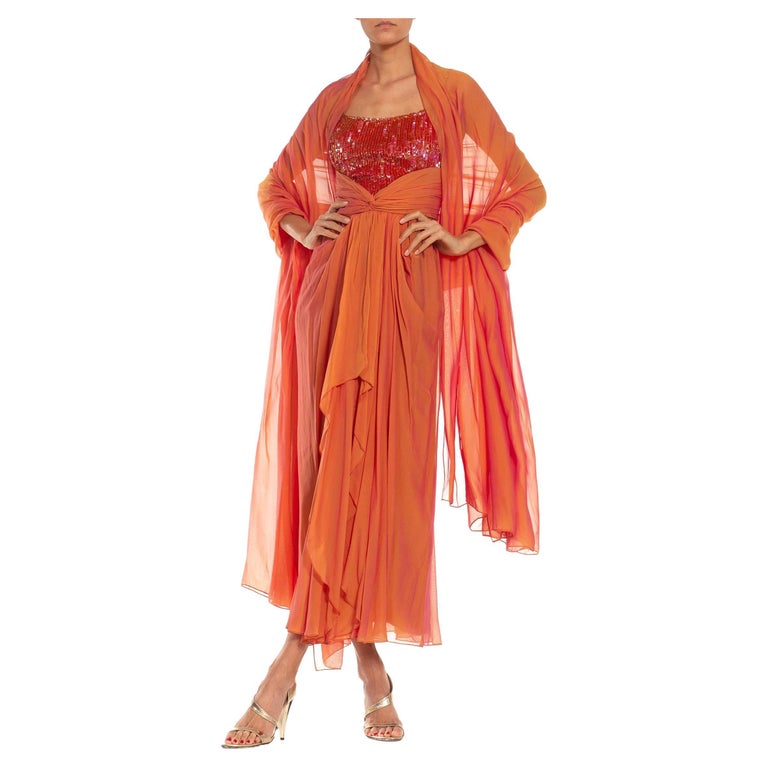 open lace back dress 1980s Bob Mackie Golden Orange Irridescent Silk Chiffon Beaded Gown with Matching Shawl main image 1