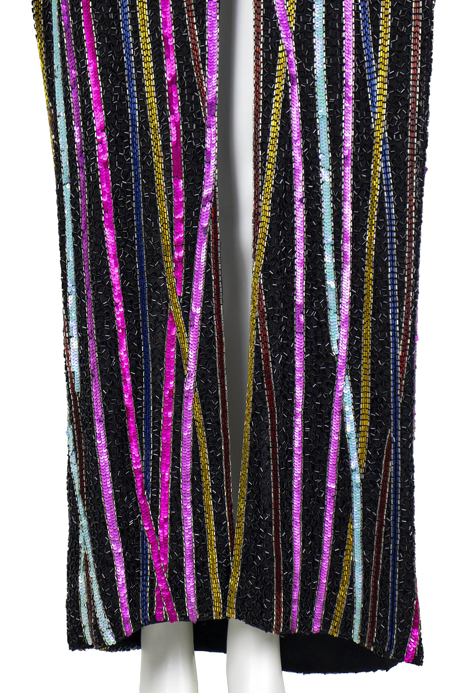 1980s Bob Mackie RARE Signature Multicolor Beaded Black Gown with Front Slit In Good Condition In Los Angeles, CA