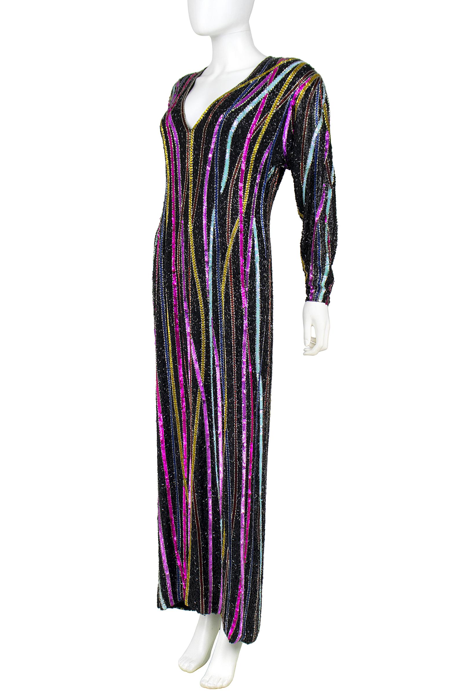 Women's 1980s Bob Mackie RARE Signature Multicolor Beaded Black Gown with Front Slit