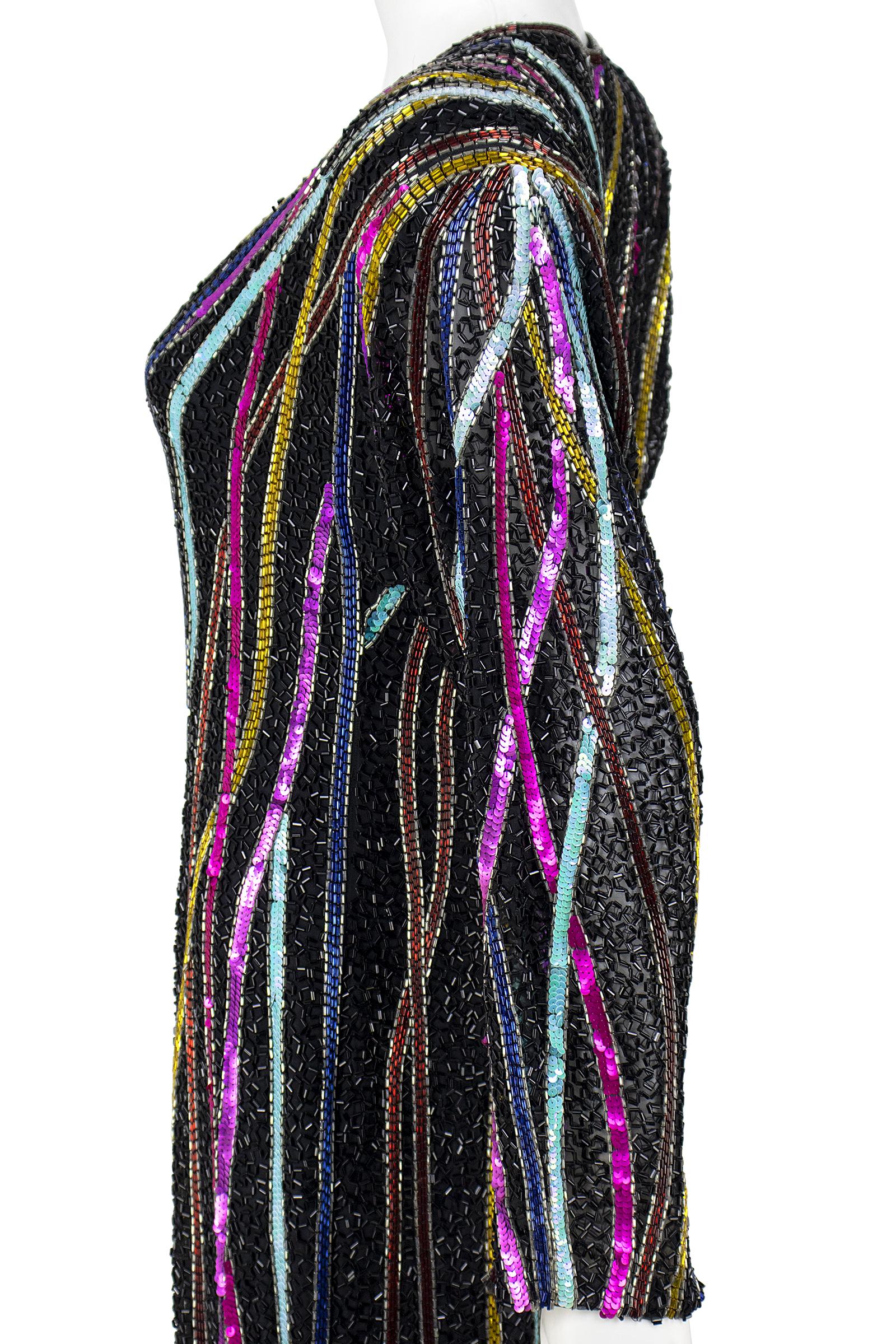 1980s Bob Mackie RARE Signature Multicolor Beaded Black Gown with Front Slit 1