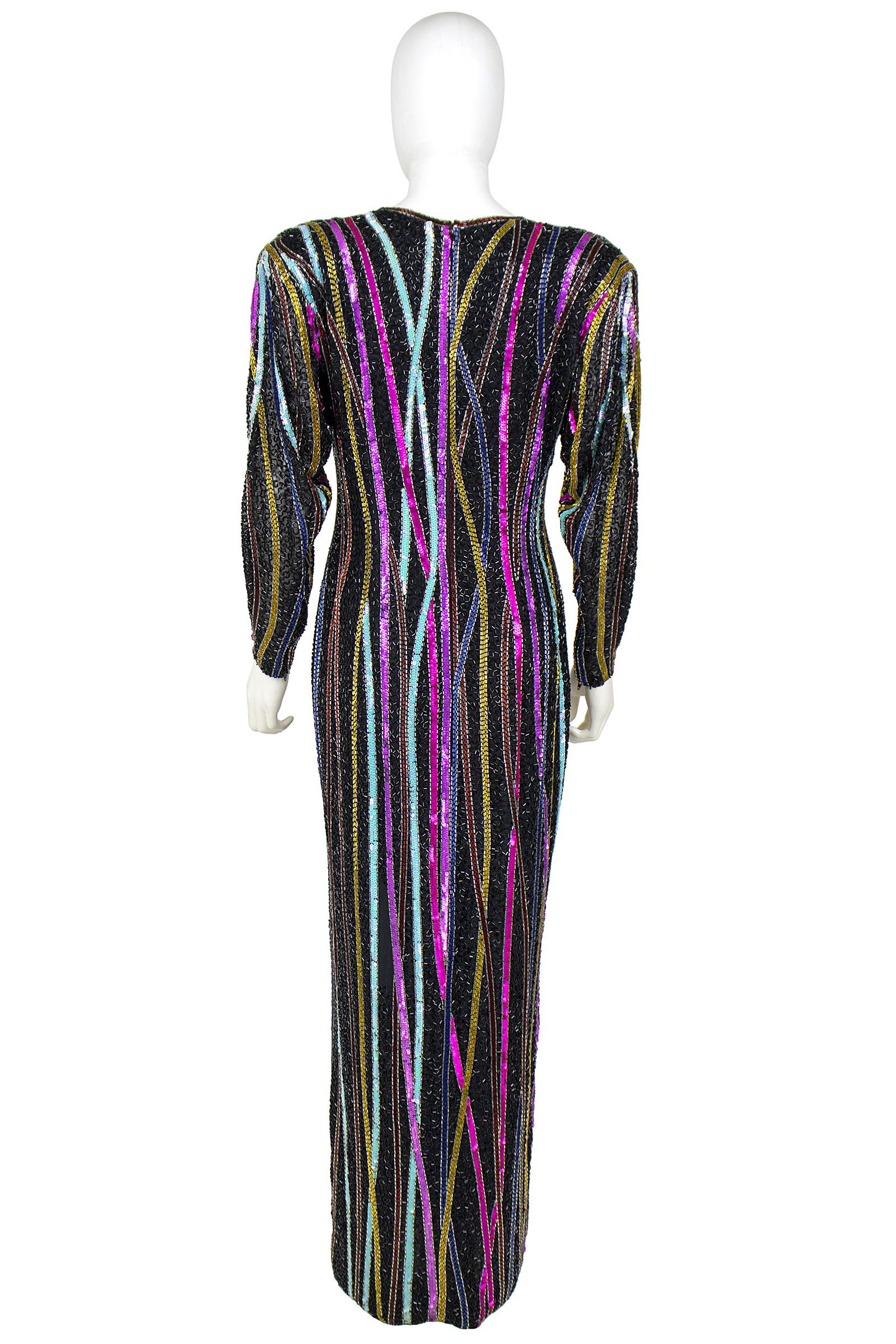 1980s Bob Mackie RARE Signature Multicolor Beaded Black Gown with Front Slit 2