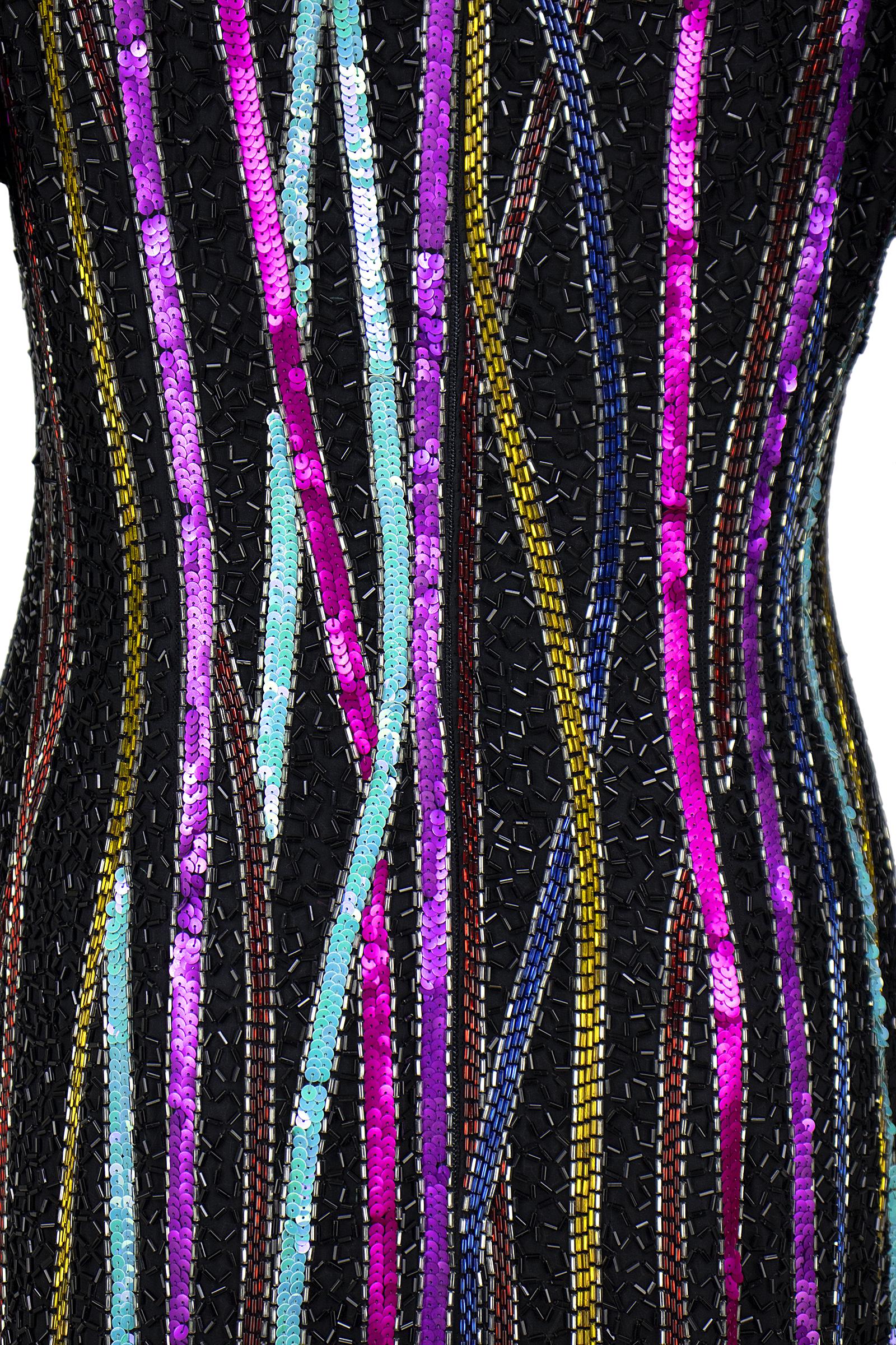 1980s Bob Mackie RARE Signature Multicolor Beaded Black Gown with Front Slit 3