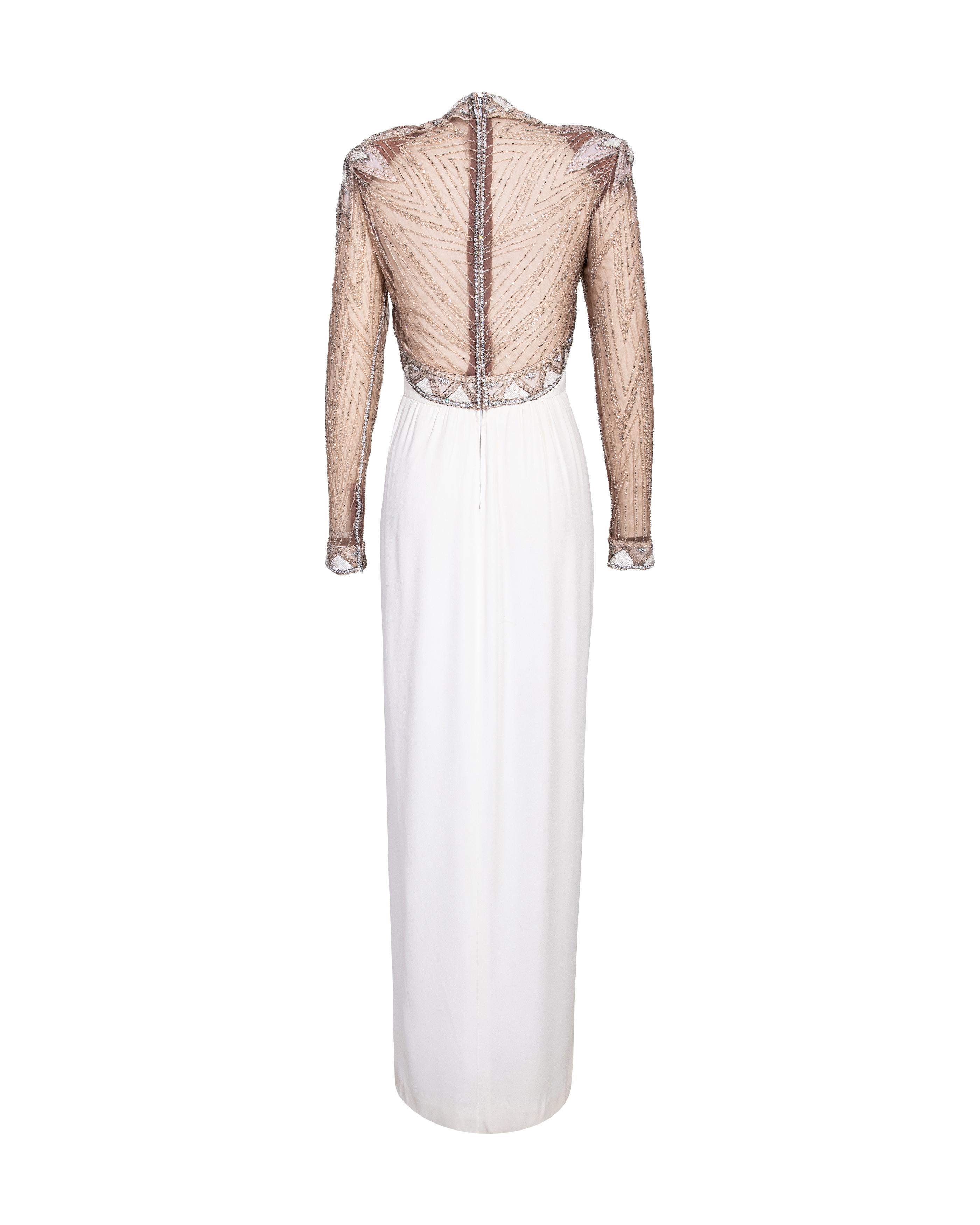 Women's 1980's Bob Mackie Semi-Sheer White Embellished Gown