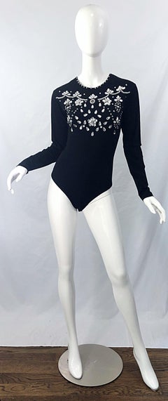 1980s Bob Mackie Size 8 Black Rhinestone Encrusted One Piece Vintage Bodysuit