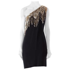 1980S BOB MACKIE Style Black Silk Crepe One Shoulder Cocktail Dress With Gold &
