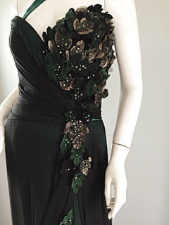 1980s Bob Mackie Couture Emerald Green Chiffon Leather Leaf 80s Grecian Gown 6