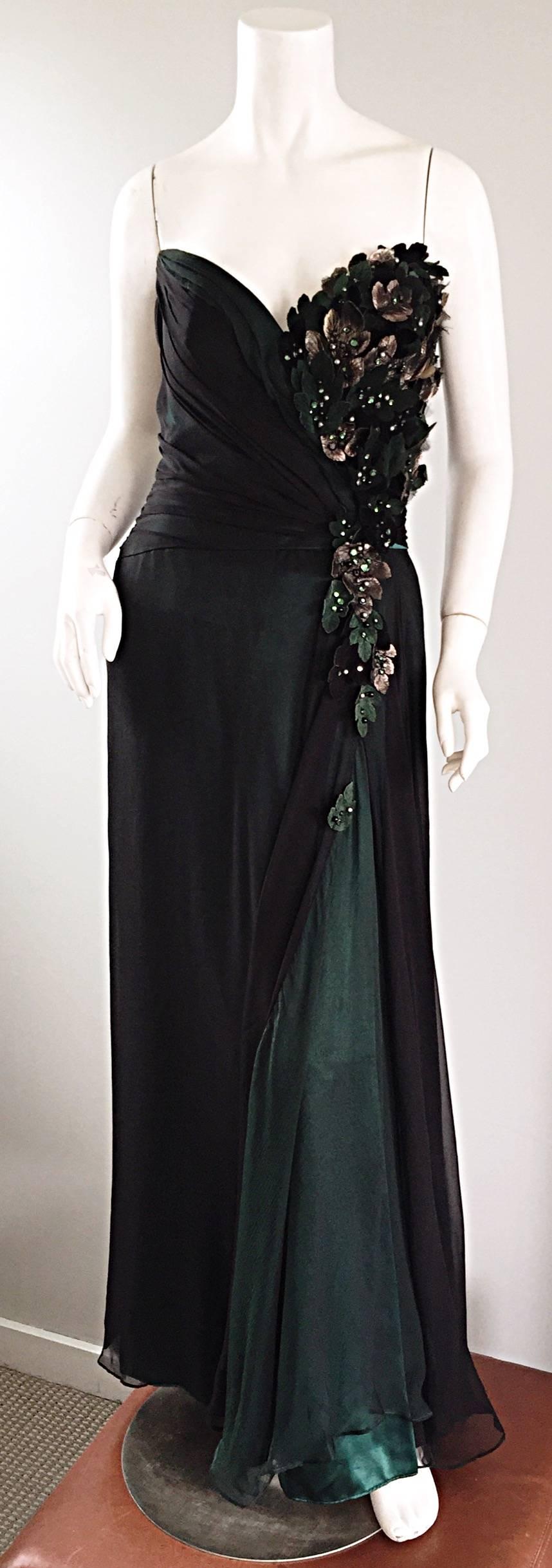 Vert 1980 Bob Mackie Couture Emerald Green Chiffon Leather Leaf 80s Grecian Gown 6 en vente