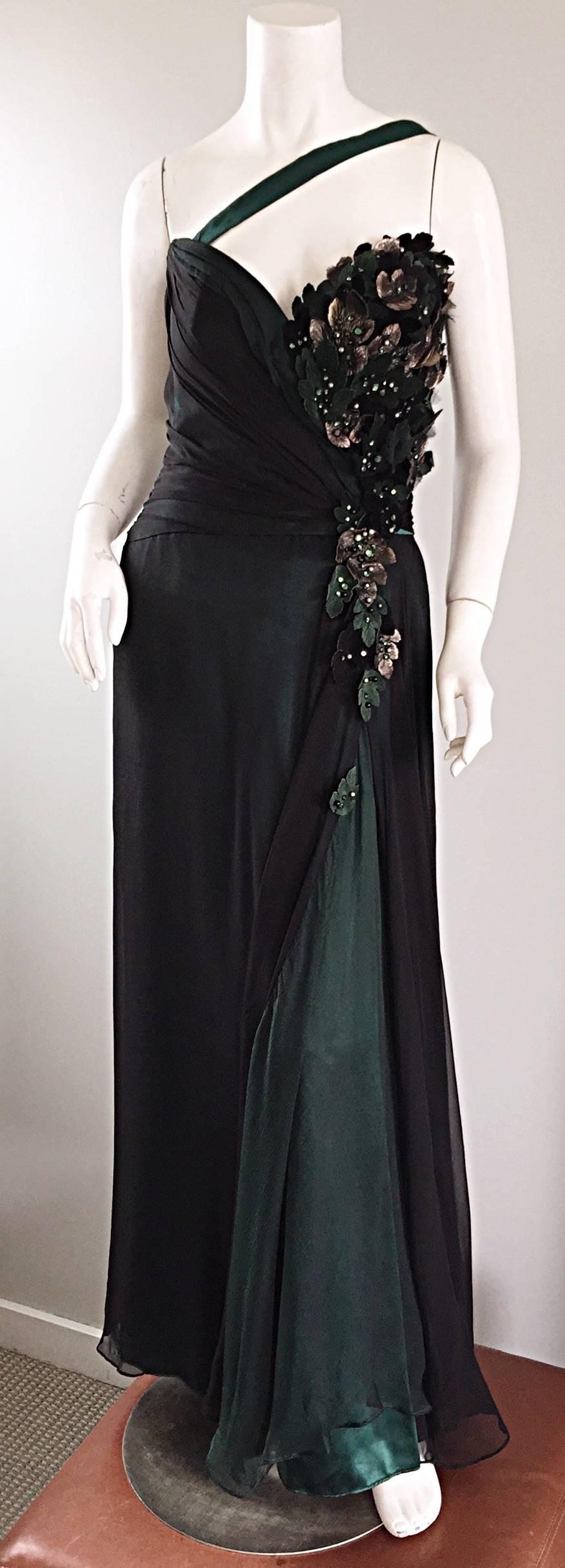 1980 Bob Mackie Couture Emerald Green Chiffon Leather Leaf 80s Grecian Gown 6 Excellent état - En vente à San Diego, CA