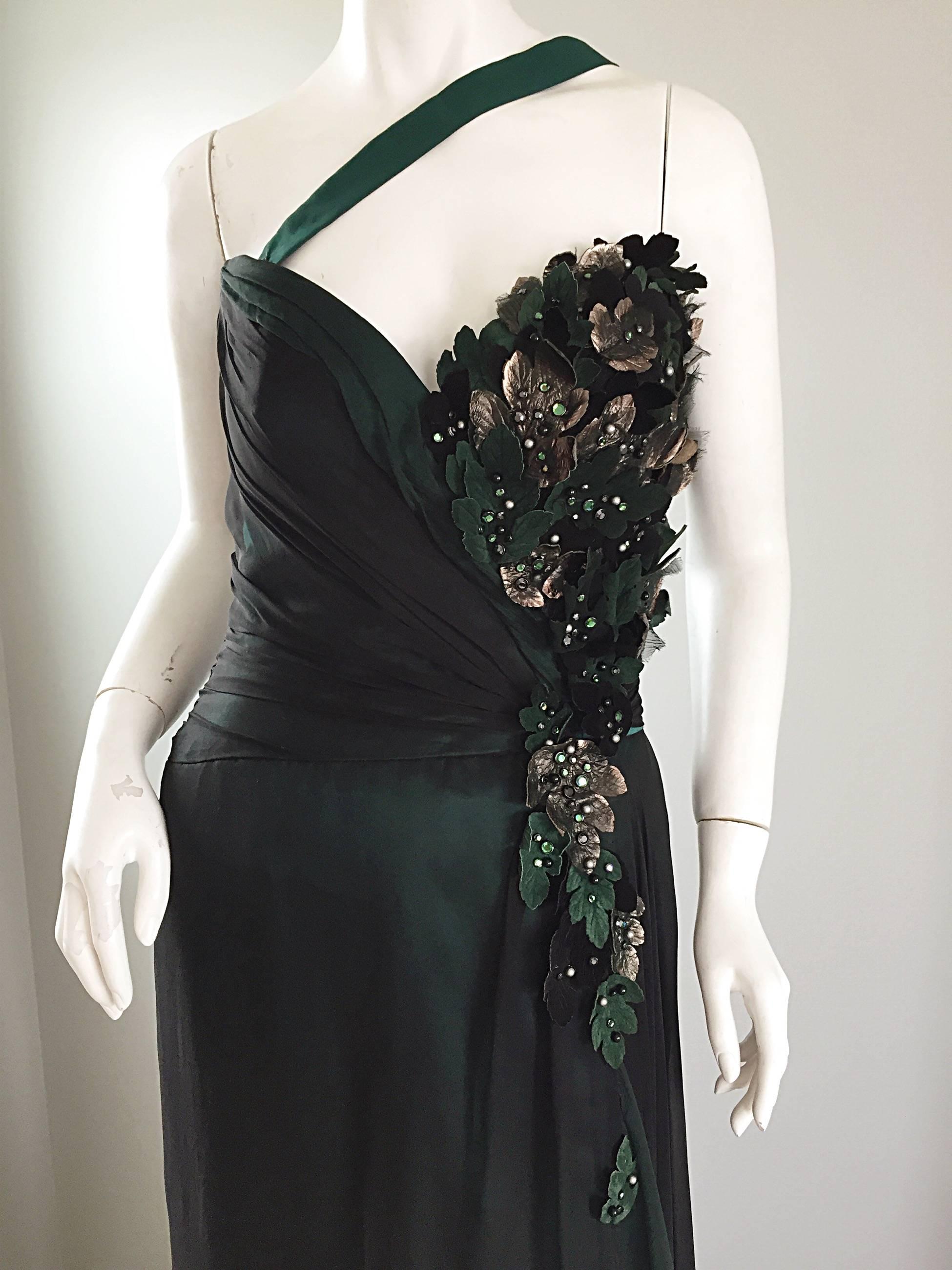 1980s Bob Mackie Couture Emerald Green Chiffon Leather Leaf 80s Grecian Gown 6 In Excellent Condition For Sale In San Diego, CA