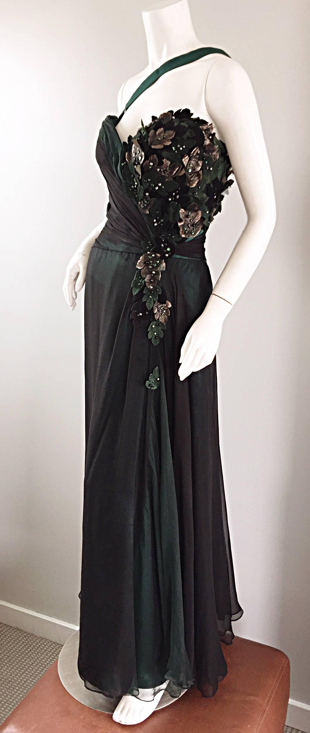 Women's 1980s Bob Mackie Couture Emerald Green Chiffon Leather Leaf 80s Grecian Gown 6 For Sale