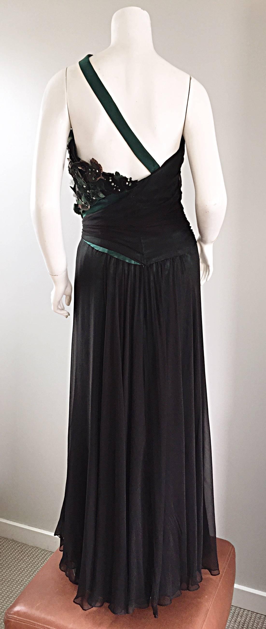 1980s Bob Mackie Couture Emerald Green Chiffon Leather Leaf 80s Grecian Gown 6 For Sale 1