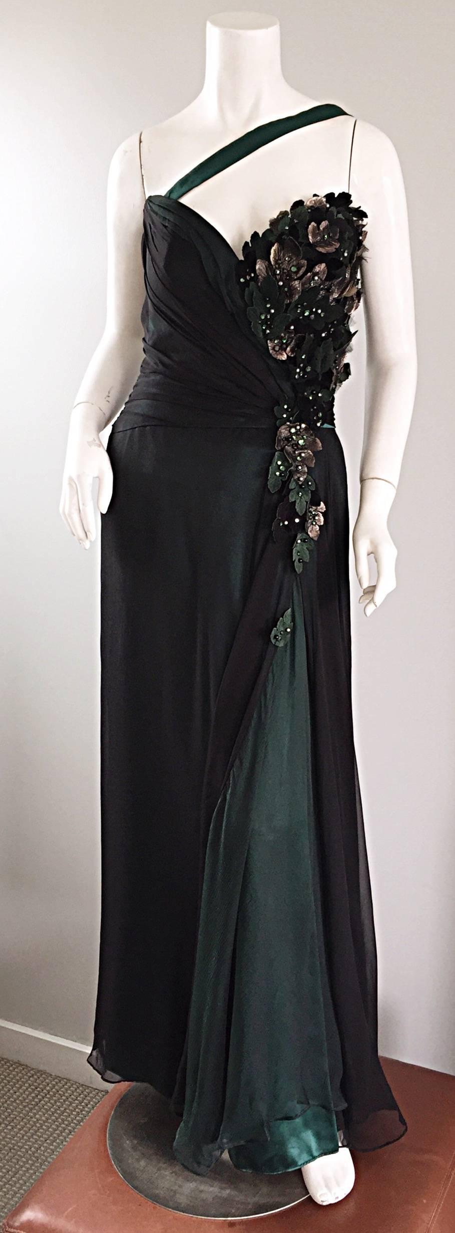 1980s Bob Mackie Couture Emerald Green Chiffon Leather Leaf 80s Grecian Gown 6 For Sale 2