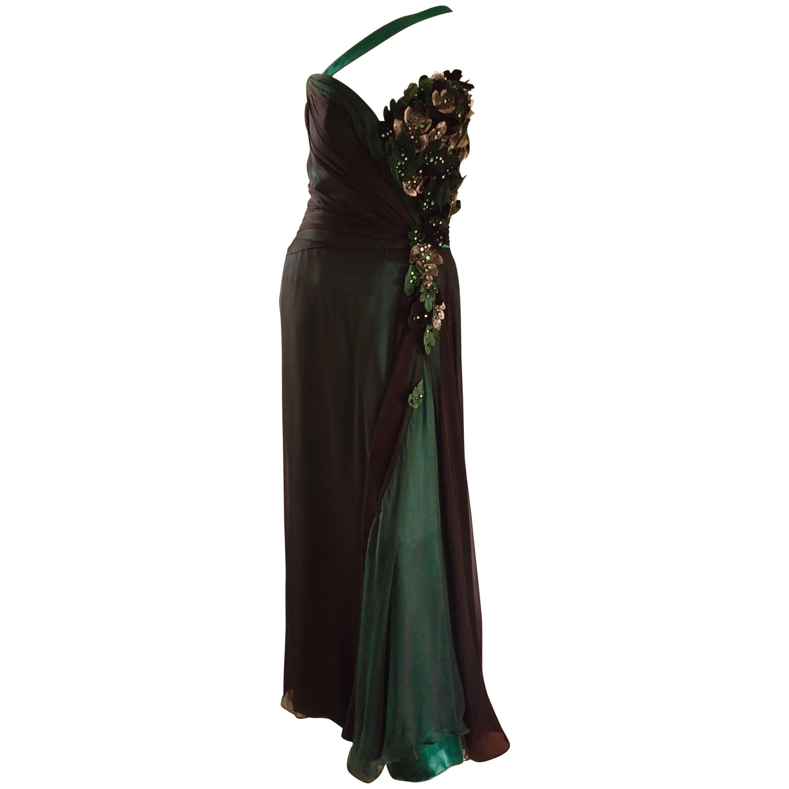 1980s Bob Mackie Couture Emerald Green Chiffon Leather Leaf 80s Grecian Gown 6