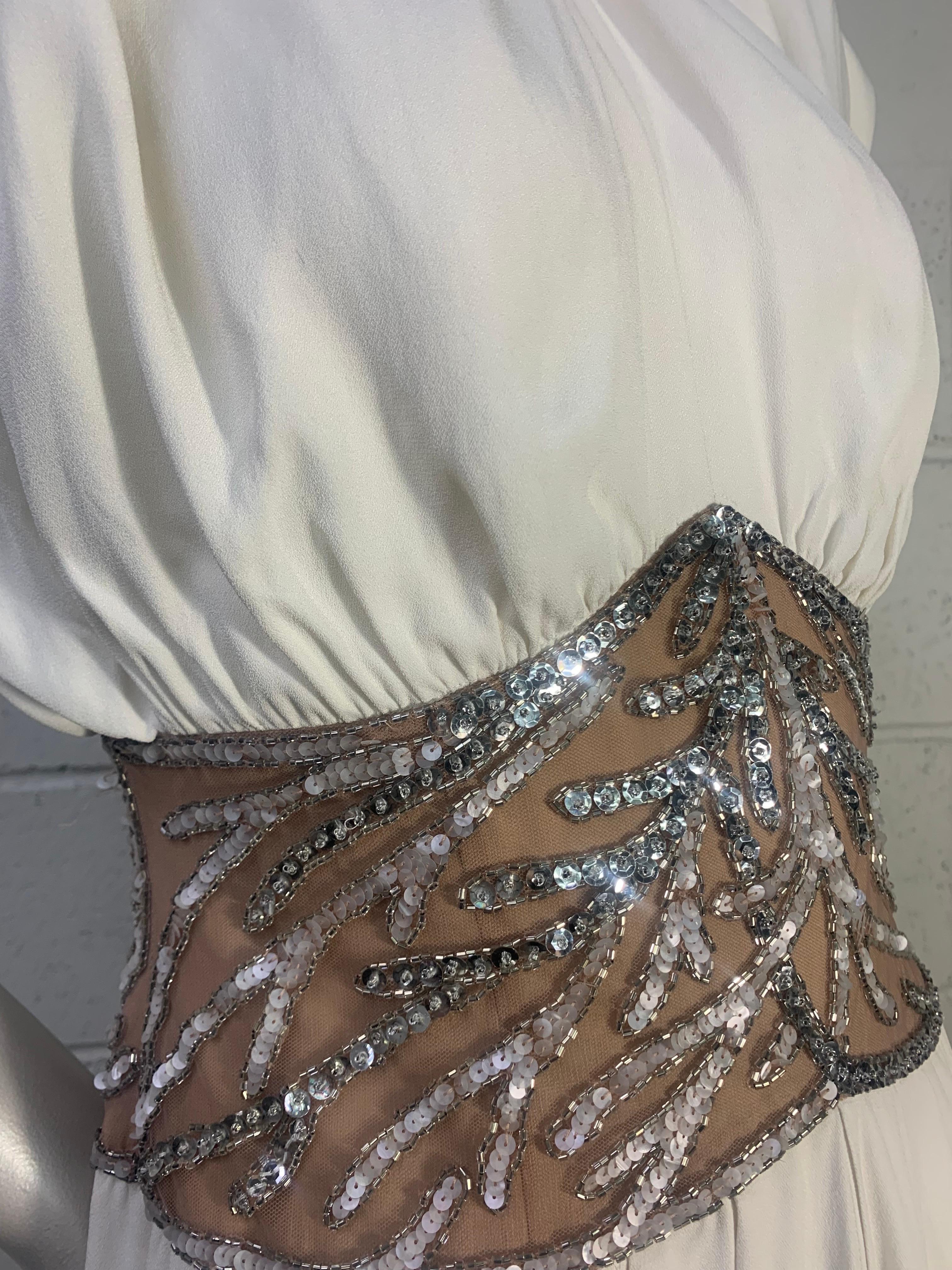 Gray 1980s Bob Mackie White Silk Crepe Cocktail Dress w Sheer Beaded Waist Panel