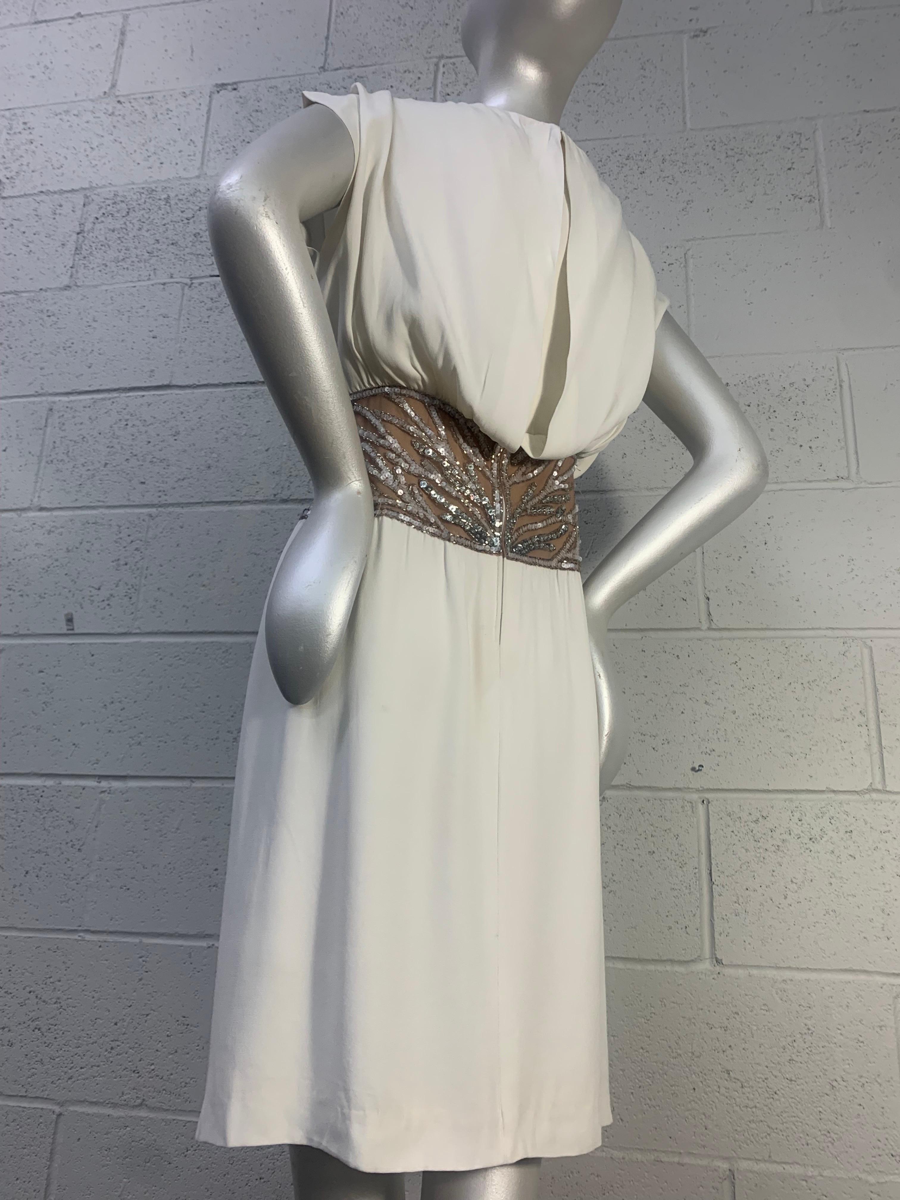 1980s Bob Mackie White Silk Crepe Cocktail Dress w Sheer Beaded Waist Panel In Good Condition For Sale In Gresham, OR