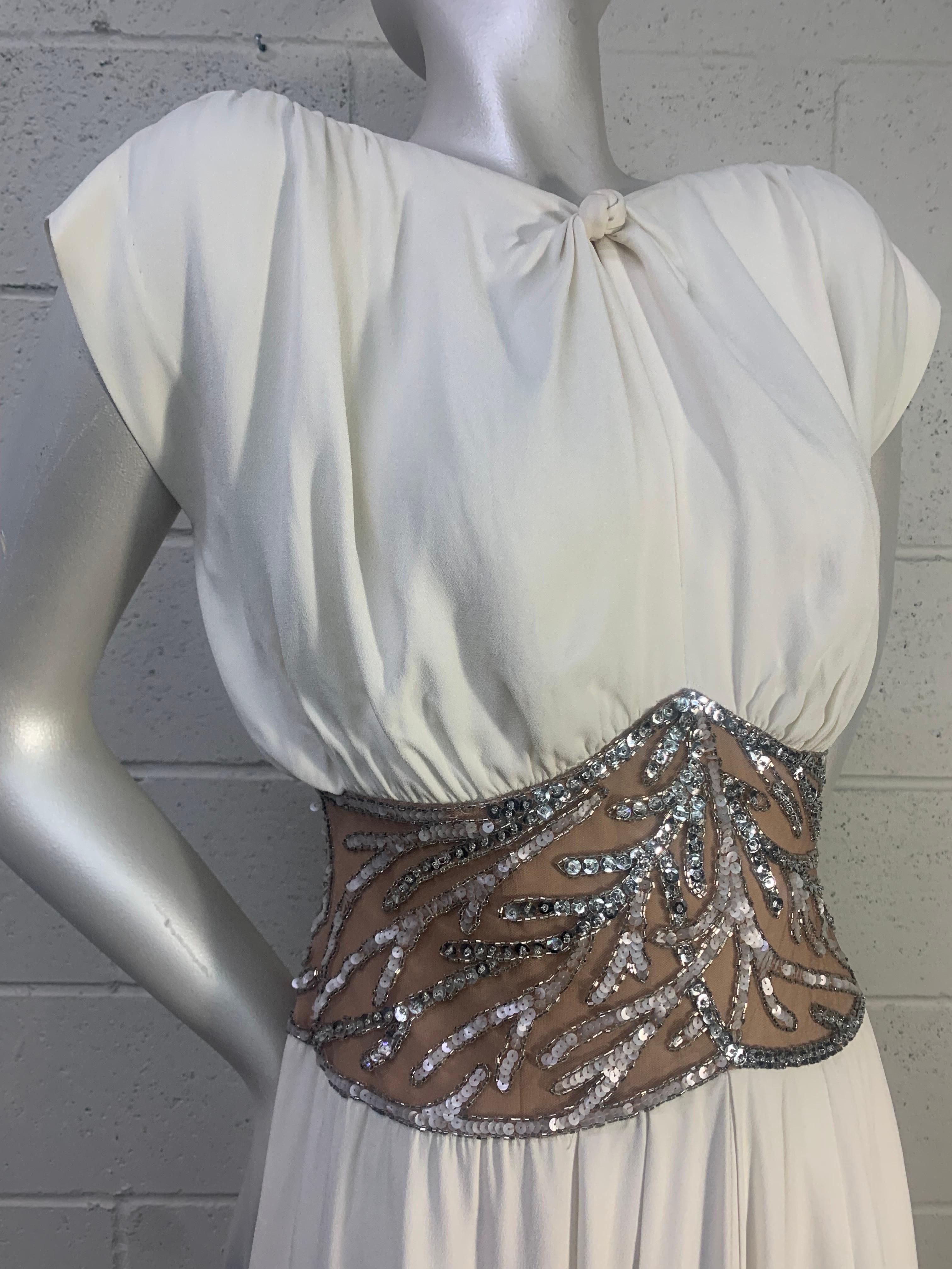 1980s Bob Mackie White Silk Crepe Cocktail Dress w Sheer Beaded Waist Panel 2