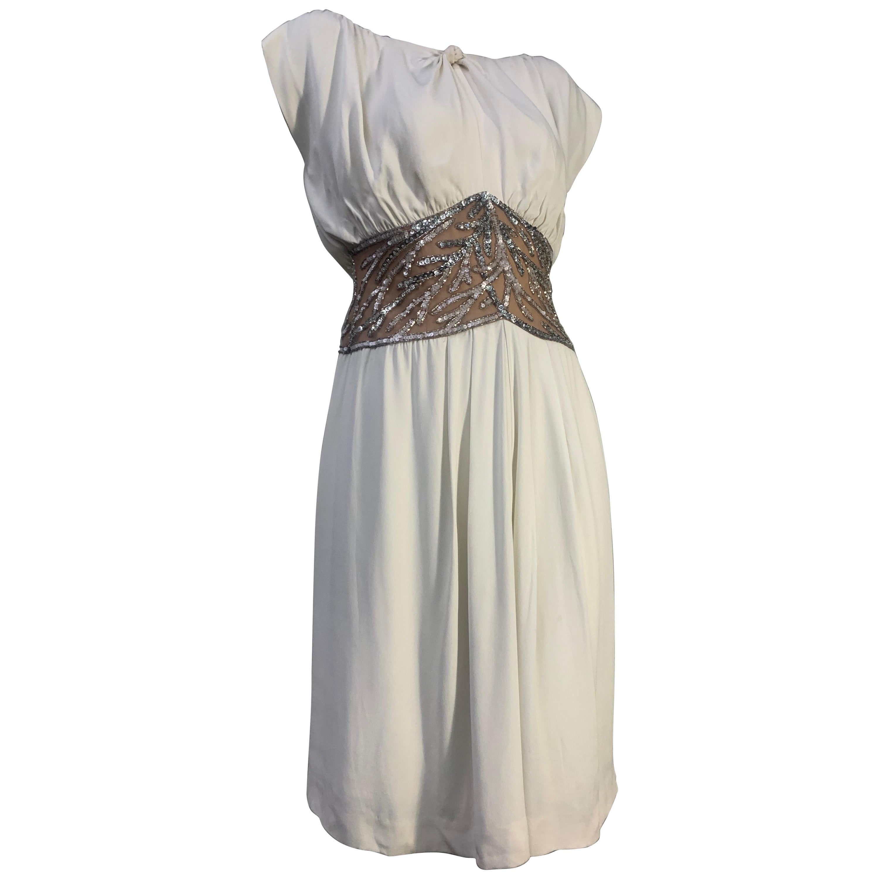 1980s Bob Mackie White Silk Crepe Cocktail Dress w Sheer Beaded Waist Panel