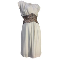 1980s Bob Mackie White Silk Crepe Cocktail Dress w Sheer Beaded Waist Panel