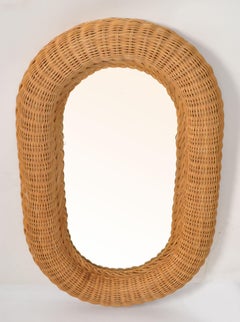 1980s Bohemian Oval Handwoven Rattan Wicker Board Wall Mirror Mid-Century Modern